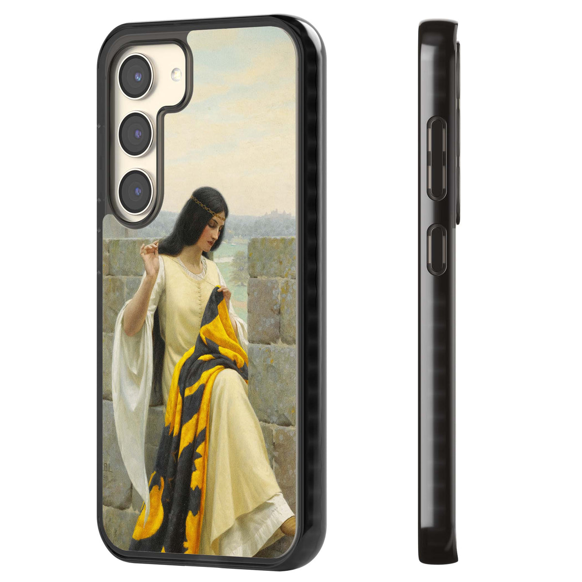 Stitching the Standard renaissance art iPhone case featuring a medieval lady sewing a golden banner on a castle wall | Black Impact case for Samsung Galaxy S24, Samsung Galaxy S23, Samsung Galaxy S22