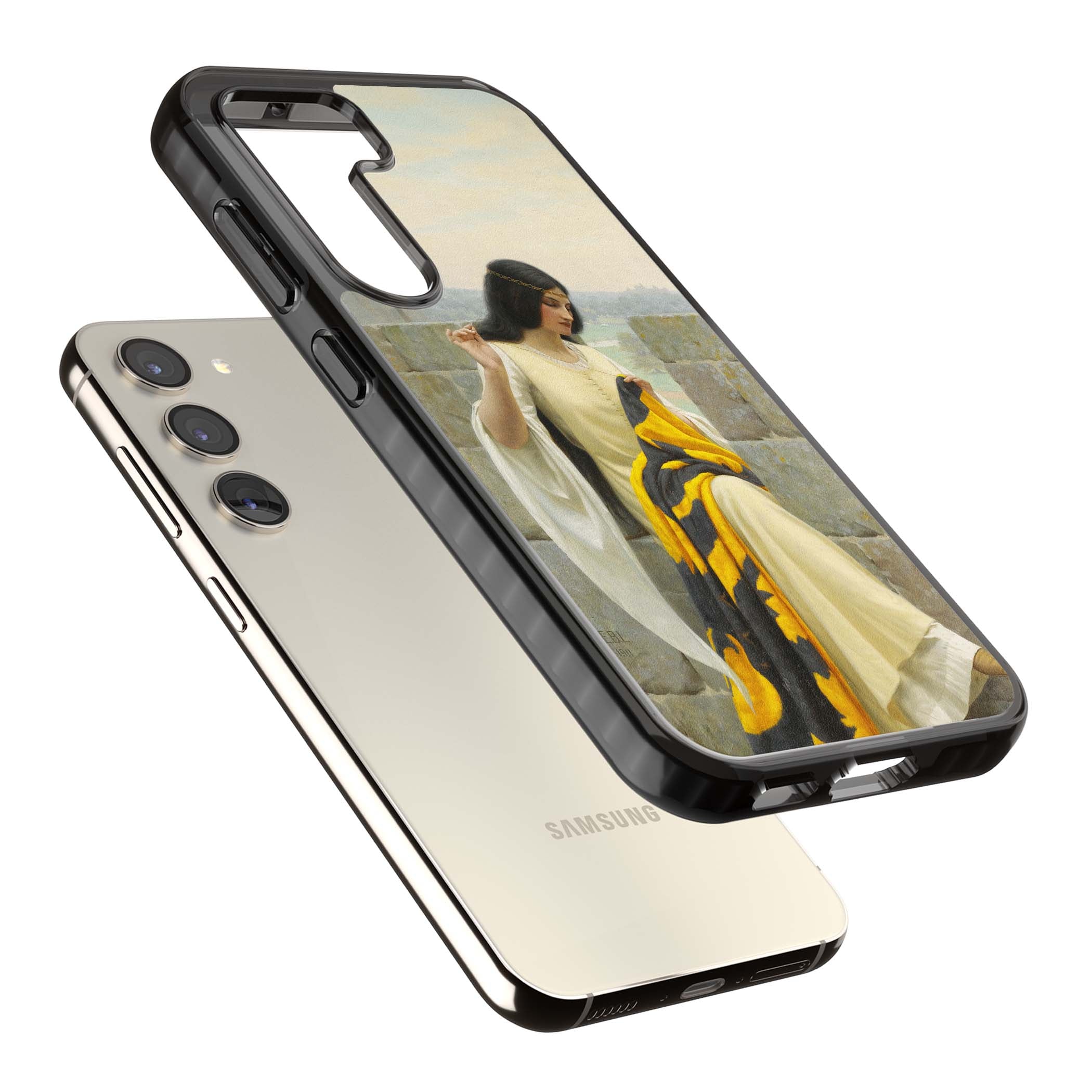 Stitching the Standard renaissance art iPhone case featuring a medieval lady sewing a golden banner on a castle wall | Black Impact case for Samsung Galaxy S24, Samsung Galaxy S23, Samsung Galaxy S22