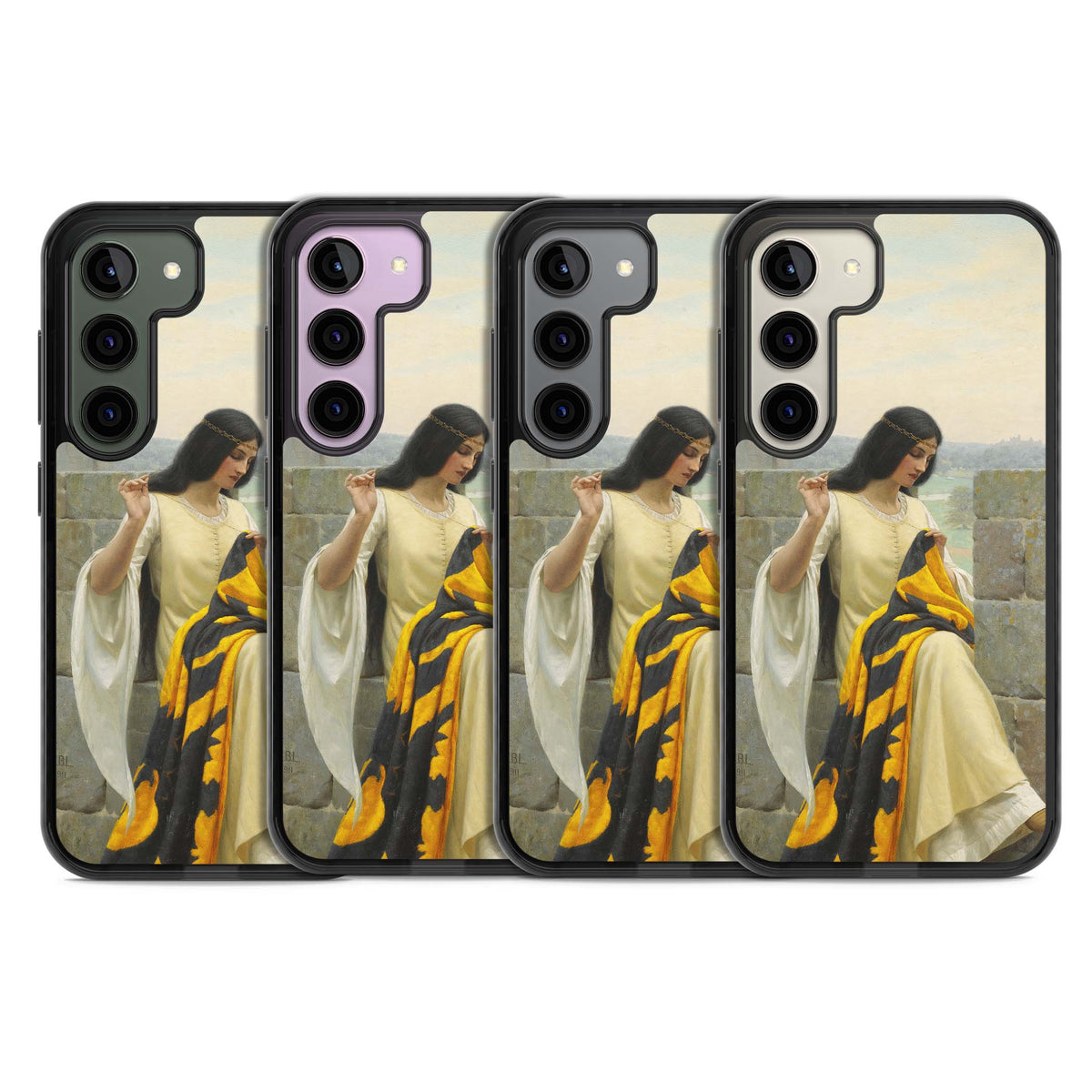 Stitching the Standard renaissance art iPhone case featuring a medieval lady sewing a golden banner on a castle wall | Black Impact case for Samsung Galaxy S24, Samsung Galaxy S23, Samsung Galaxy S22