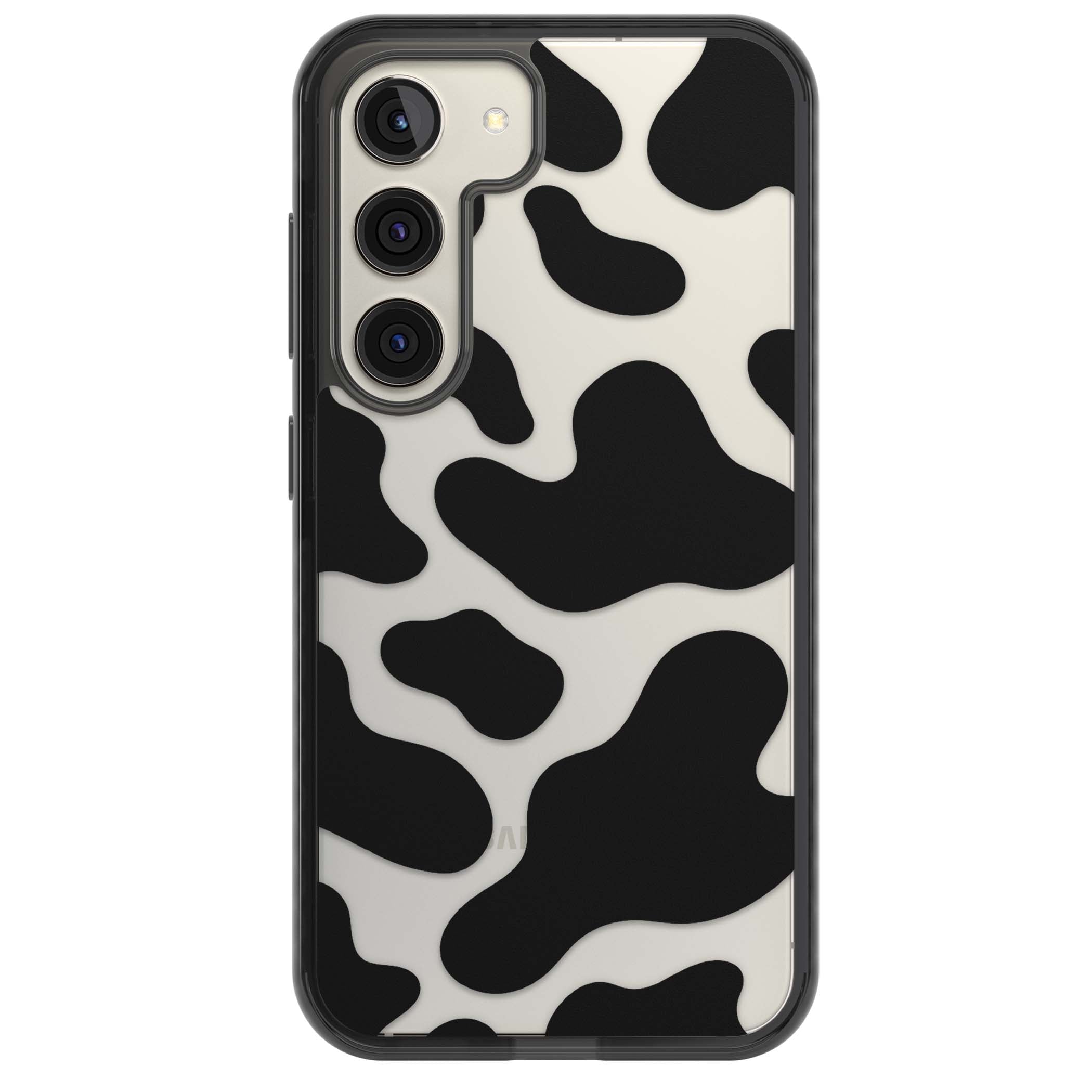 Clear Cow Print cow print iPhone case featuring black and white cow pattern splotches on a clear background | Black Impact case for Samsung Galaxy S24, Samsung Galaxy S23, Samsung Galaxy S22