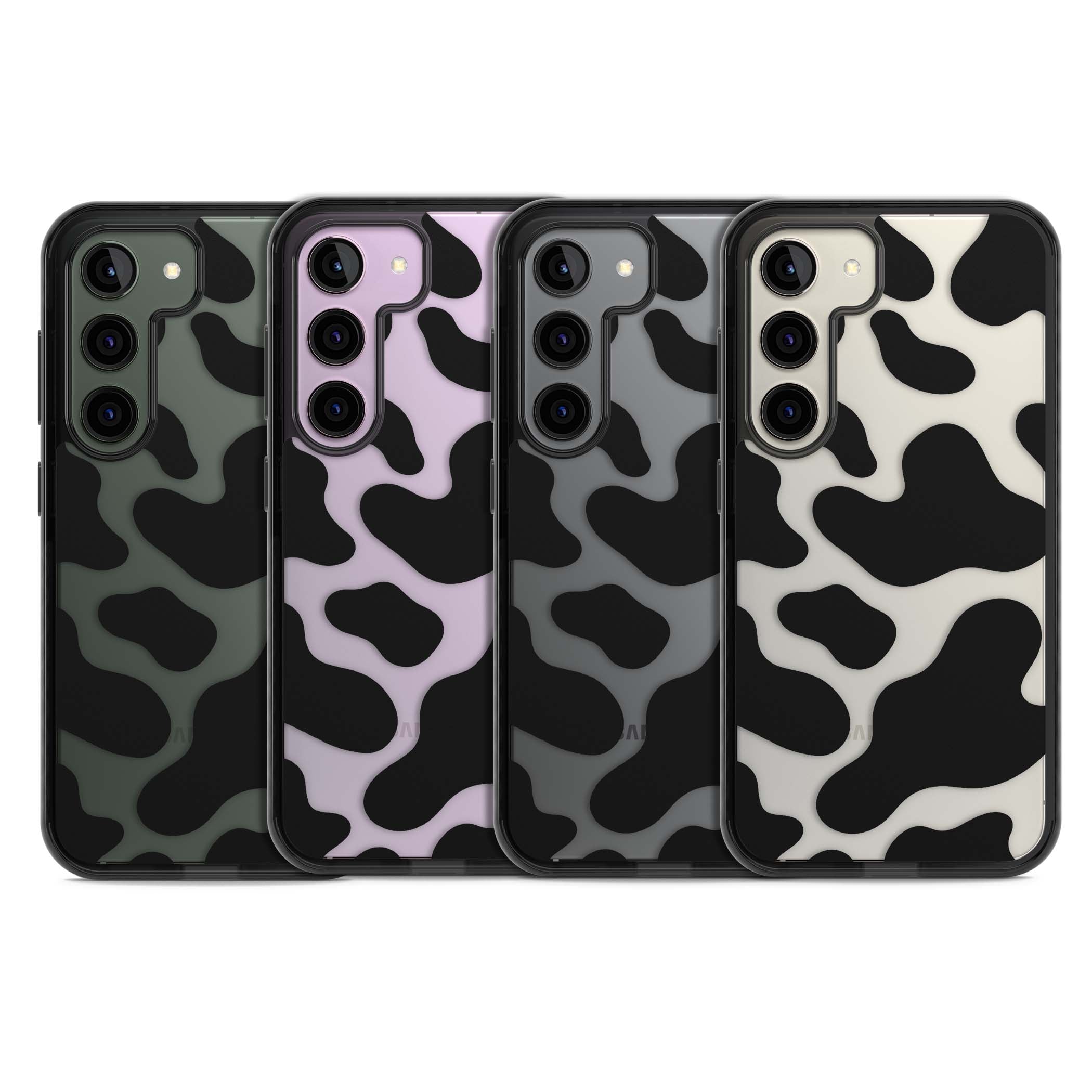 Clear Cow Print cow print iPhone case featuring black and white cow pattern splotches on a clear background | Black Impact case for Samsung Galaxy S24, Samsung Galaxy S23, Samsung Galaxy S22
