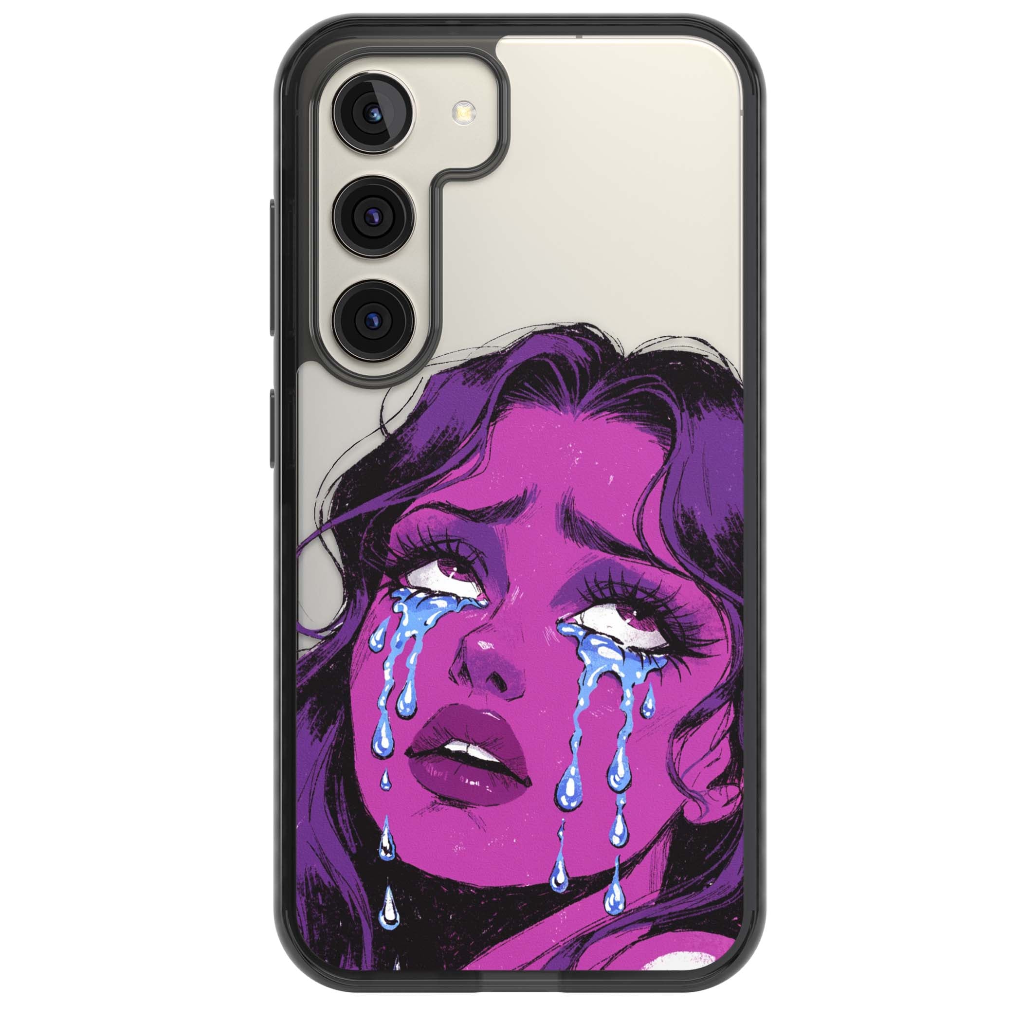 Drama Queen pop art iPhone case featuring a purple crying comic girl with blue tears | Black Impact case for Samsung Galaxy S24, Samsung Galaxy S23, Samsung Galaxy S22