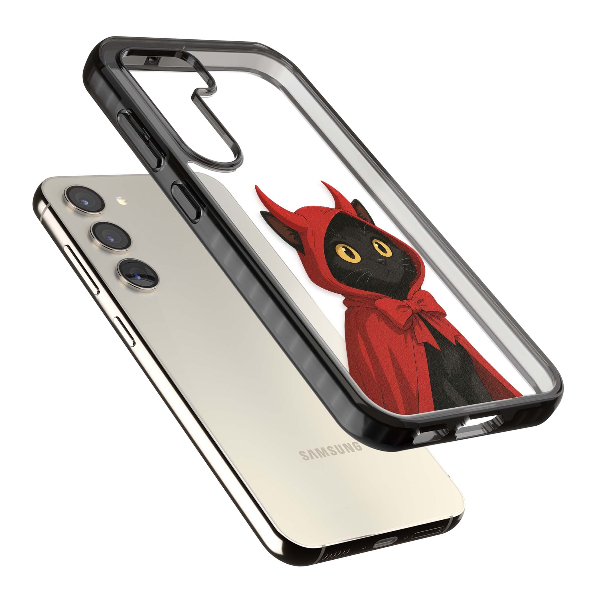 Little Devil halloween iPhone case featuring a black cat in a red hooded devil cloak with horns and golden eyes | Black Impact case for Samsung Galaxy S24, Samsung Galaxy S23, Samsung Galaxy S22