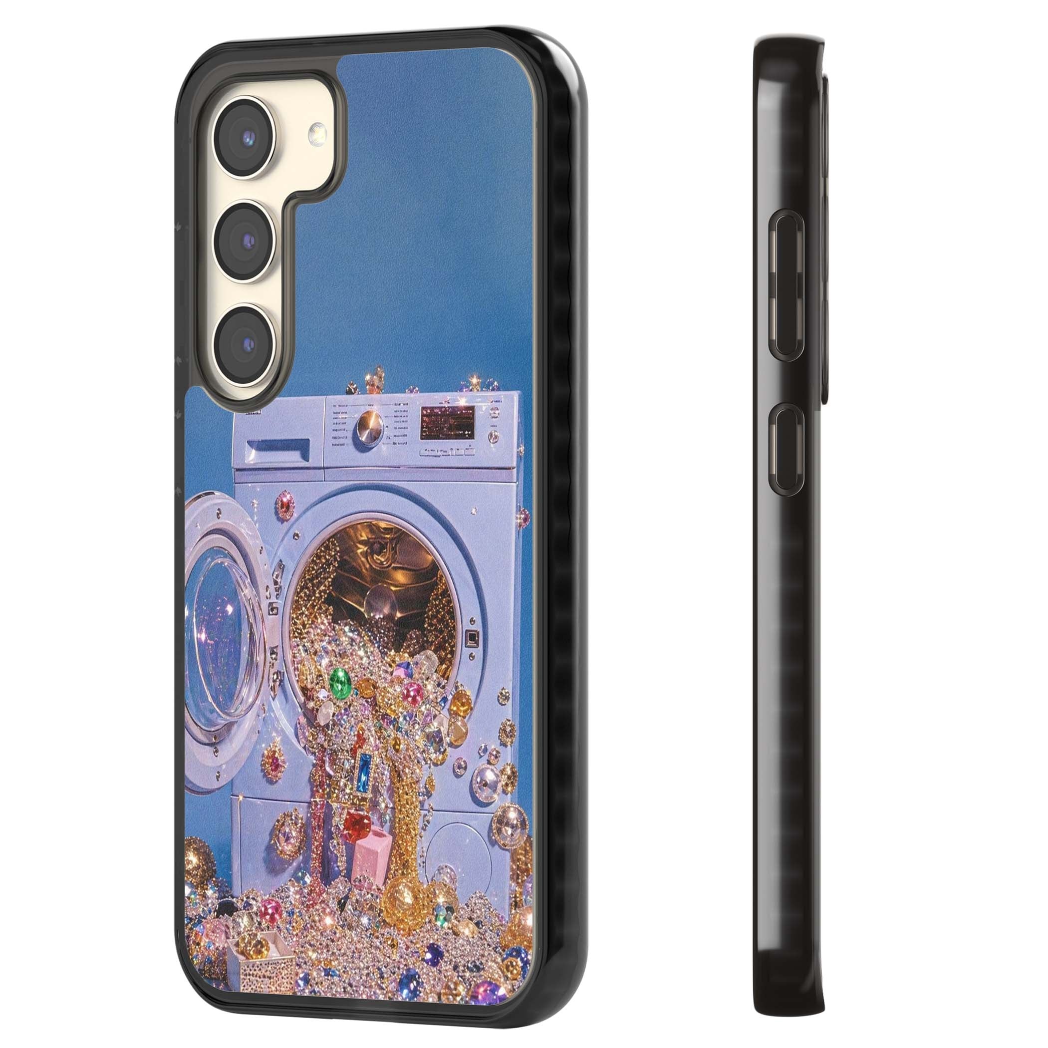 Gem Laundry baddie iPhone case featuring a surreal washing machine overflowing with colourful gemstones and crystals | Black Impact case for Samsung Galaxy S24, Samsung Galaxy S23, Samsung Galaxy S22