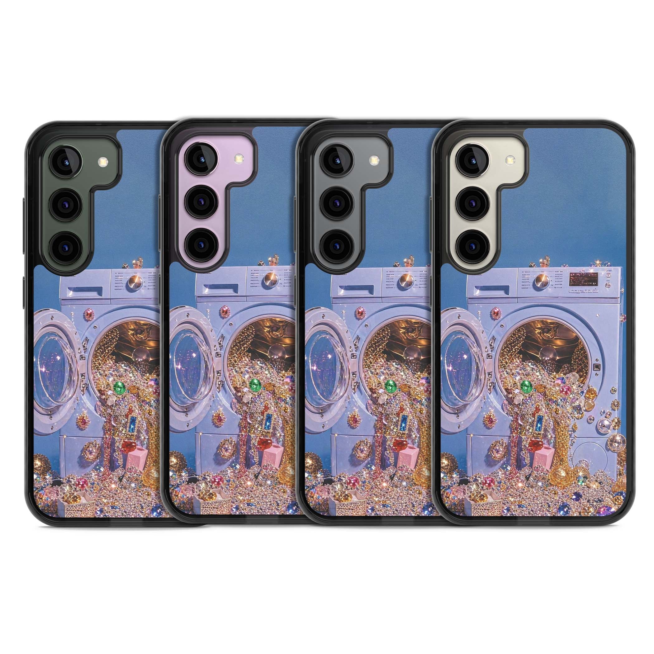 Gem Laundry baddie iPhone case featuring a surreal washing machine overflowing with colourful gemstones and crystals | Black Impact case for Samsung Galaxy S24, Samsung Galaxy S23, Samsung Galaxy S22
