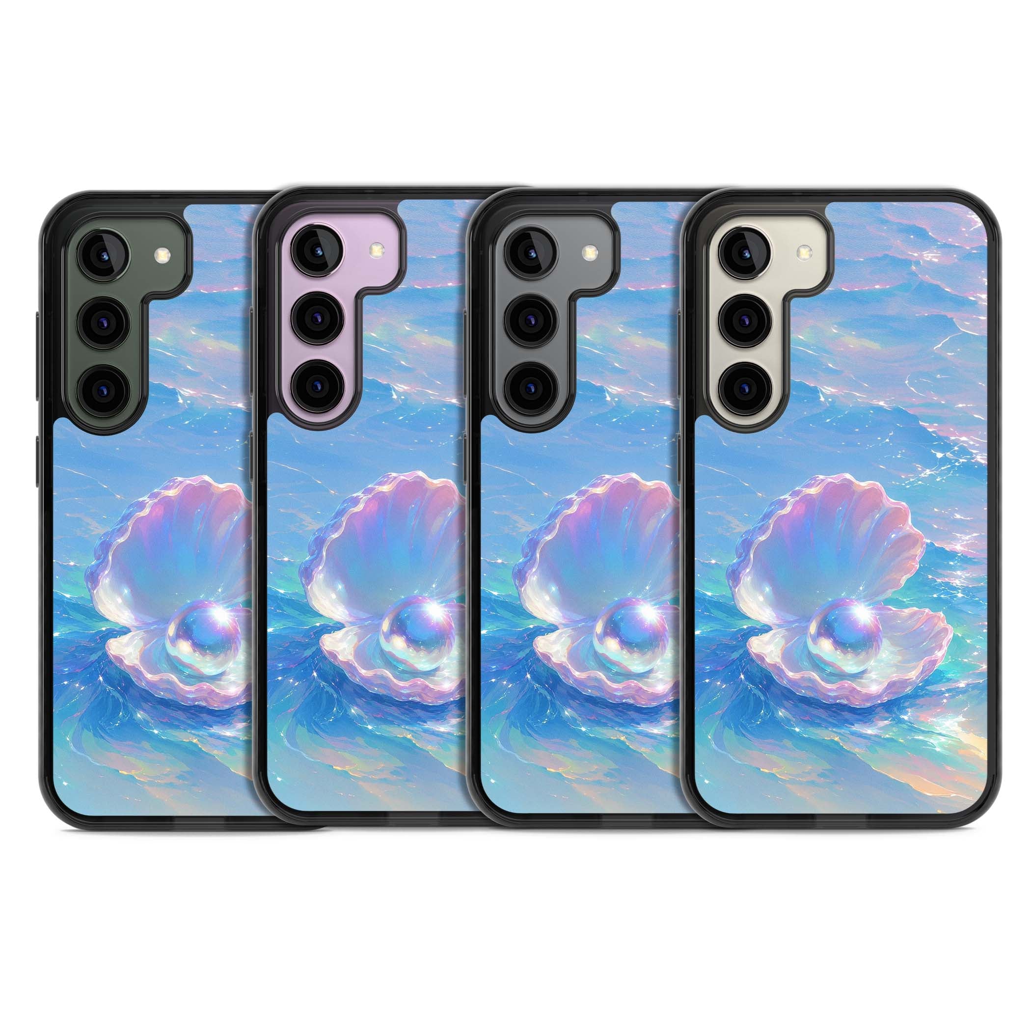 The Pearl Clam mermaidcore iPhone case featuring iridescent seashell, glowing pearl and pastel ocean waves | Black Impact case for Samsung Galaxy S24, Samsung Galaxy S23, Samsung Galaxy S22