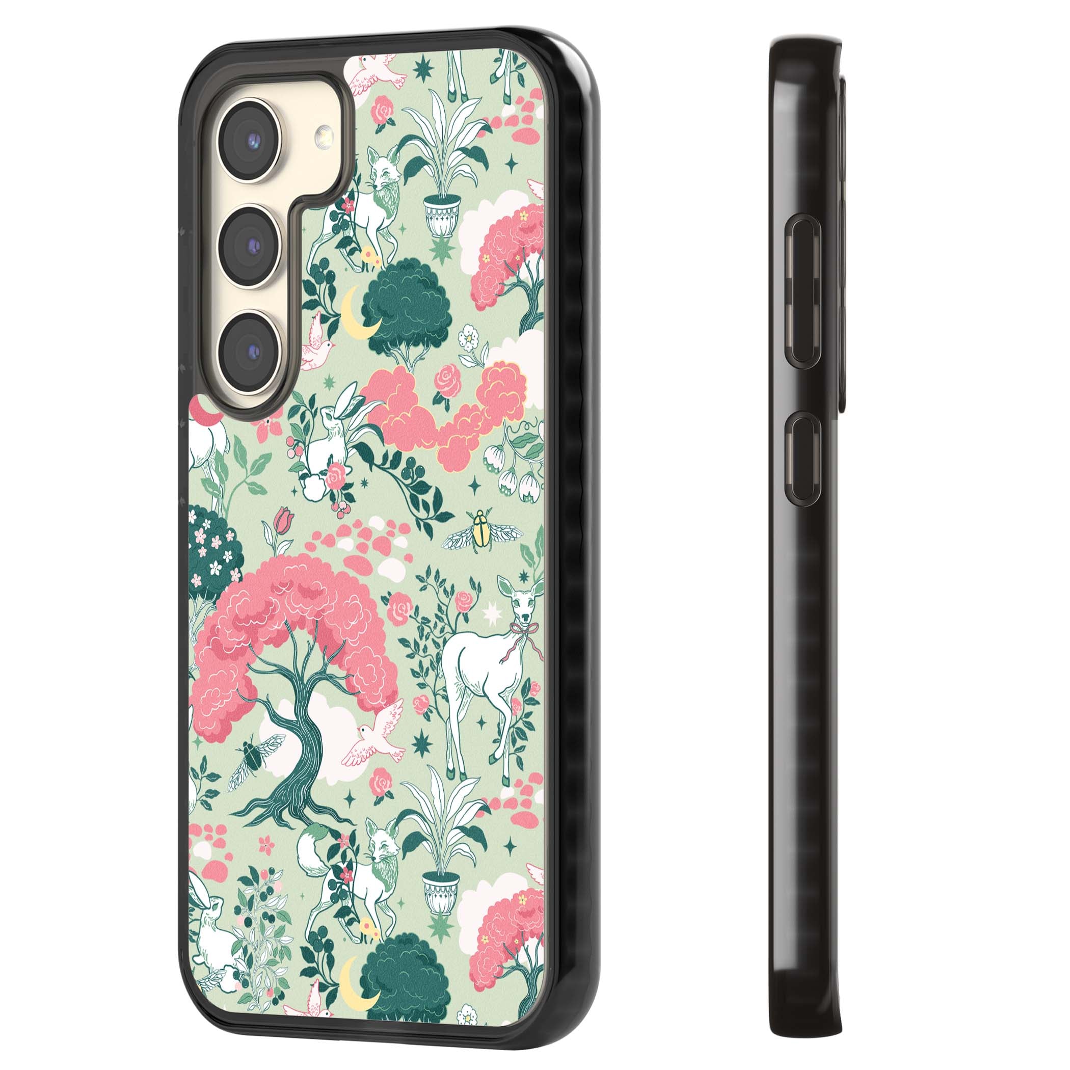 Enchanted Woodland cottagecore iPhone case featuring white deer, pink roses, mushrooms and woodland animals on sage green | Black Impact case for Samsung Galaxy S24, Samsung Galaxy S23, Samsung Galaxy S22