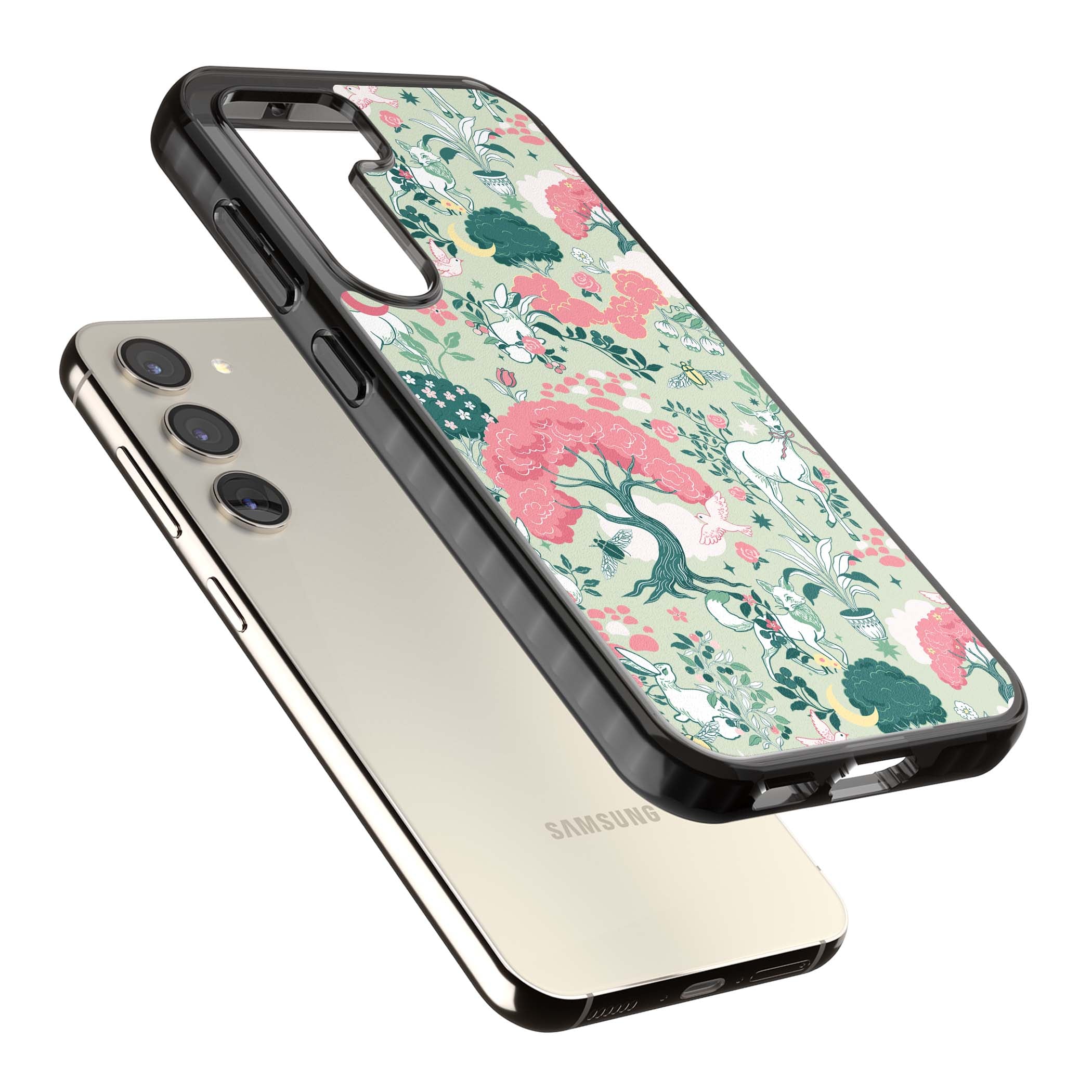 Enchanted Woodland cottagecore iPhone case featuring white deer, pink roses, mushrooms and woodland animals on sage green | Black Impact case for Samsung Galaxy S24, Samsung Galaxy S23, Samsung Galaxy S22