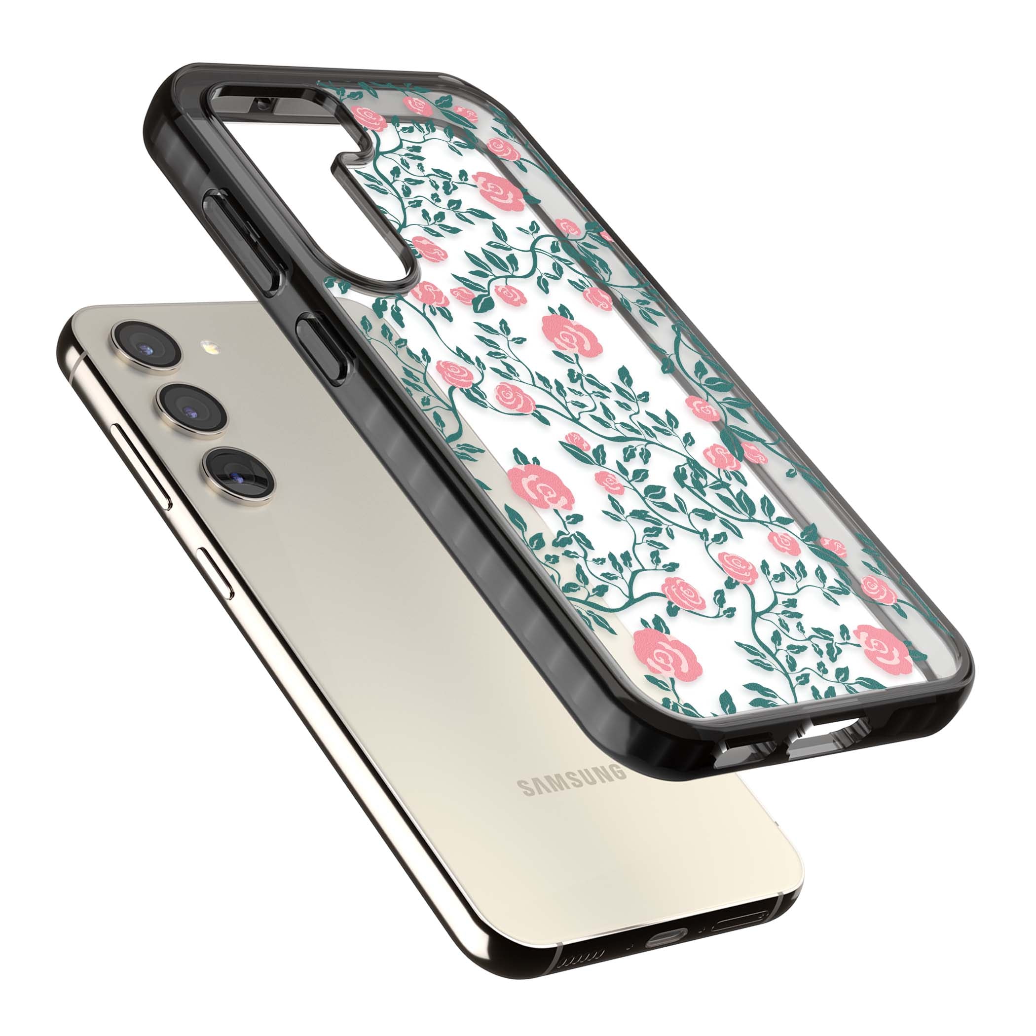 Rose Trellis (Clear) cottagecore iPhone case featuring pink climbing roses and green leaves on clear background | Black Impact case for Samsung Galaxy S24, Samsung Galaxy S23, Samsung Galaxy S22