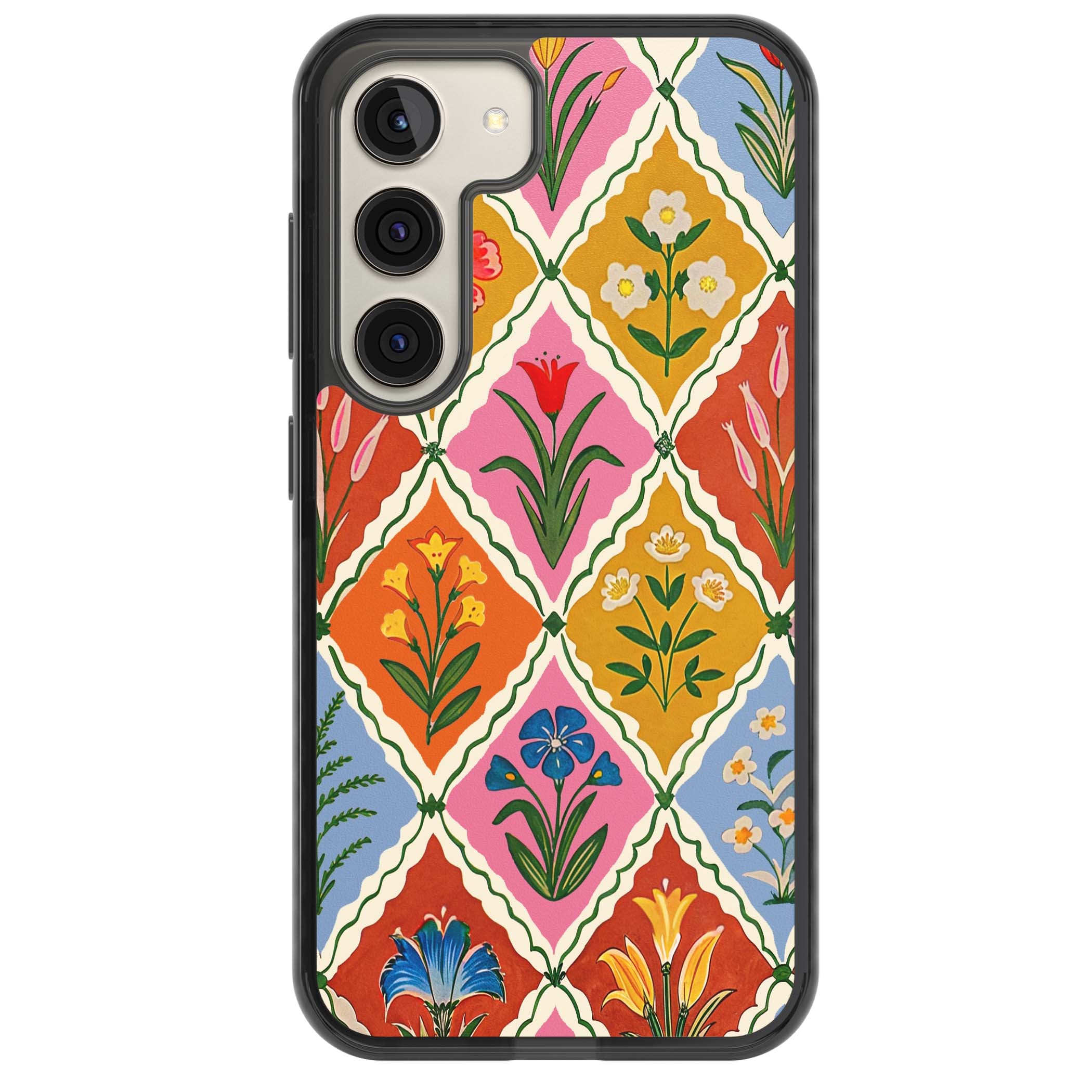 Floral Quilt boho floral iPhone case featuring diamond lattice pattern, hand-painted tulips and folk art wildflowers | Black Impact case for Samsung Galaxy S24, Samsung Galaxy S23, Samsung Galaxy S22