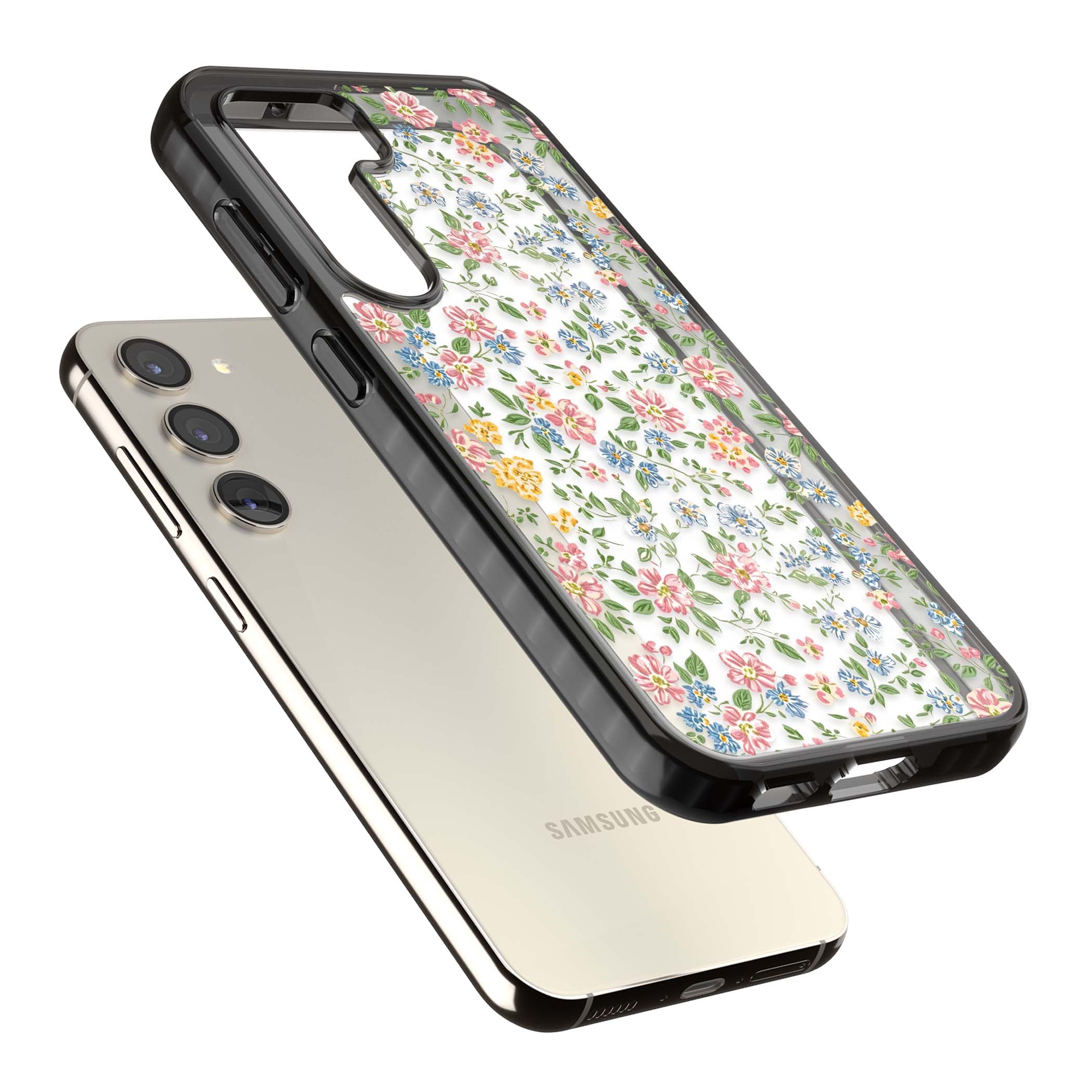 Soft Meadow cottagecore iPhone case featuring pink cosmos, blue forget-me-nots, yellow buttercups and green leaves sca | Black Impact case for Samsung Galaxy S24, Samsung Galaxy S23, Samsung Galaxy S22
