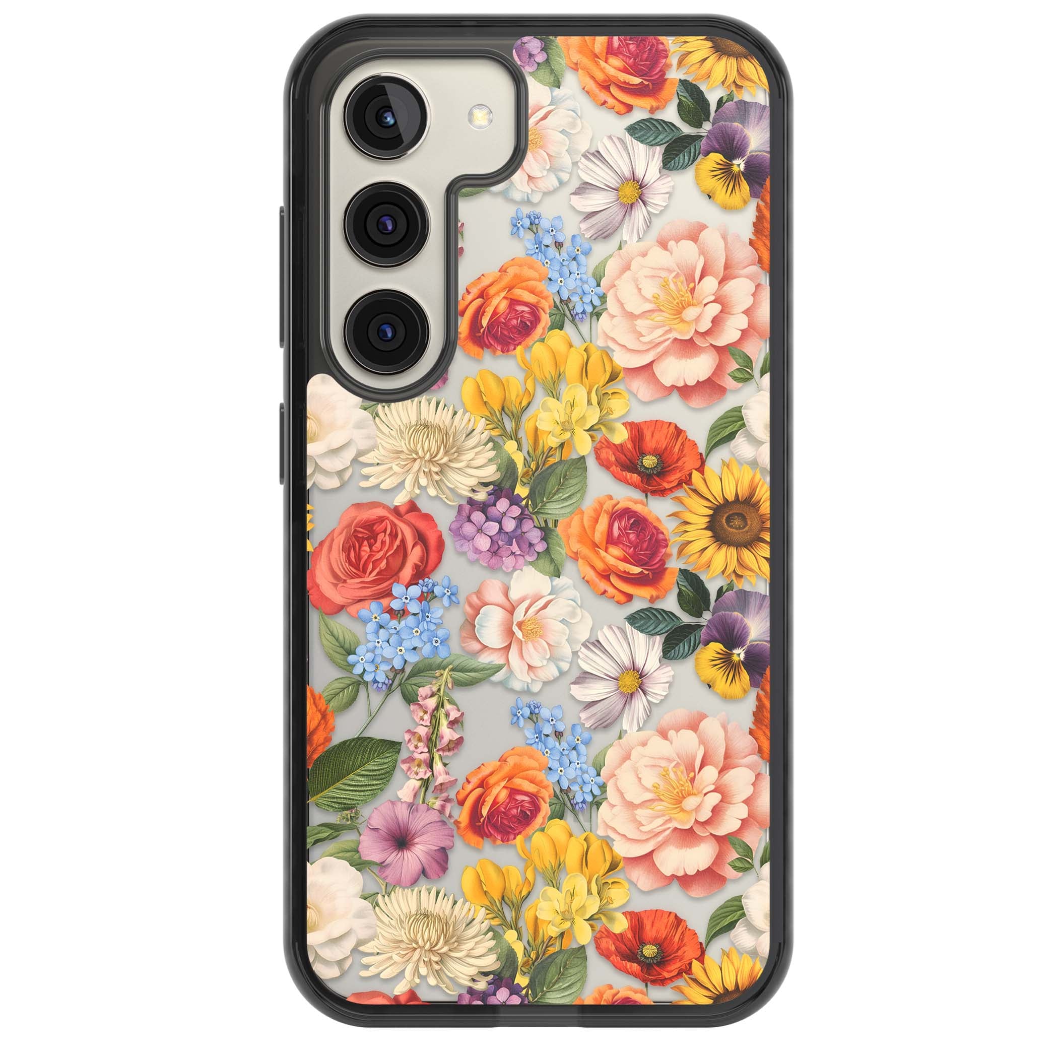 Bloom Basket floral iPhone case featuring cottage garden flowers including peonies, sunflowers, and wildflowers in pastel col | Black Impact case for Samsung Galaxy S24, Samsung Galaxy S23, Samsung Galaxy S22