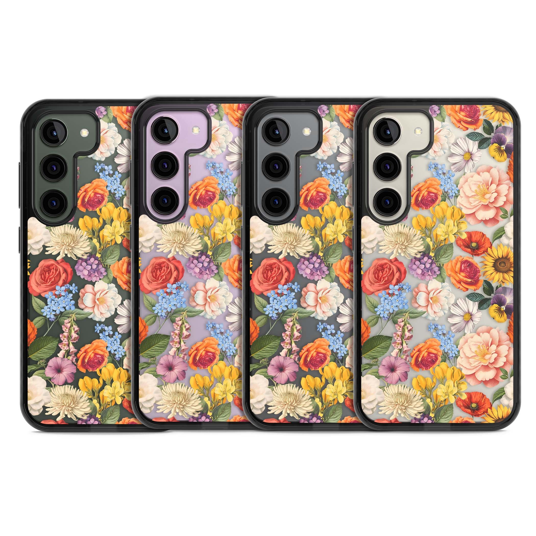 Bloom Basket floral iPhone case featuring cottage garden flowers including peonies, sunflowers, and wildflowers in pastel col | Black Impact case for Samsung Galaxy S24, Samsung Galaxy S23, Samsung Galaxy S22