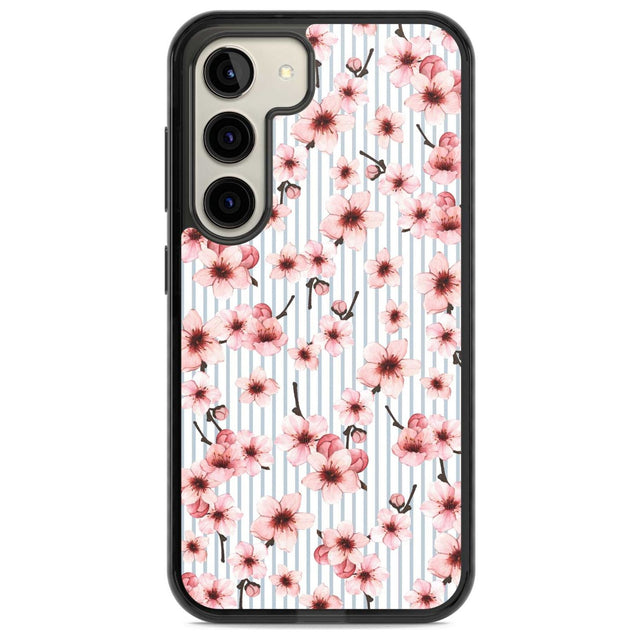Cherry Blossoms on Blue Stripes Pattern Phone Case Samsung S22 / Black Impact Case,Samsung S23 / Black Impact Case Blanc Space