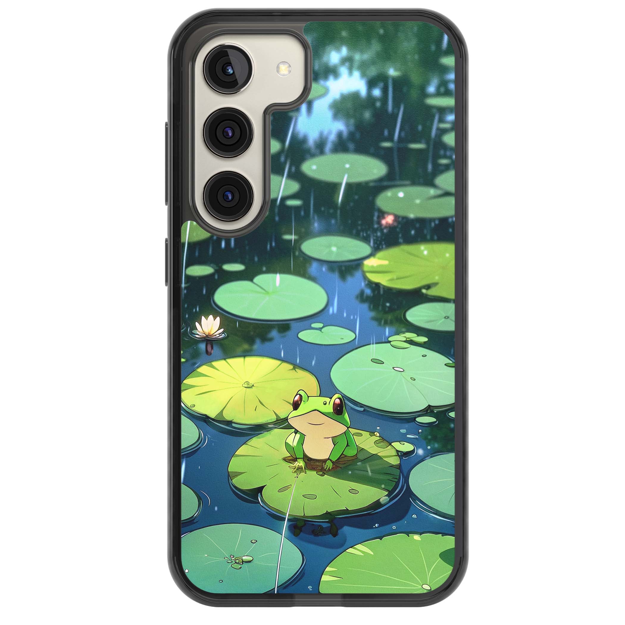 Frog In Lily Pond cottagecore iPhone case featuring a cute green frog on a lily pad with falling rain and a lotus flower | Black Impact case for Samsung Galaxy S24, Samsung Galaxy S23, Samsung Galaxy S22