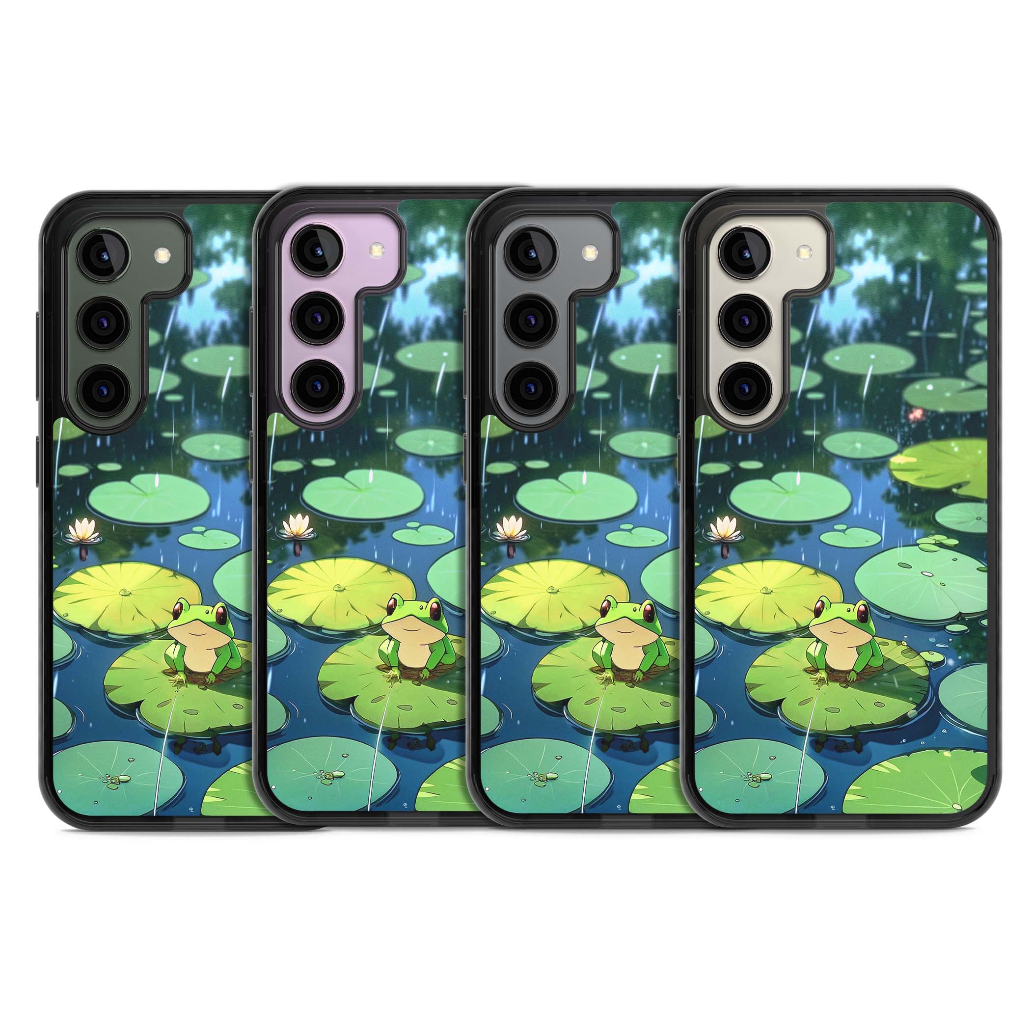 Frog In Lily Pond cottagecore iPhone case featuring a cute green frog on a lily pad with falling rain and a lotus flower | Black Impact case for Samsung Galaxy S24, Samsung Galaxy S23, Samsung Galaxy S22