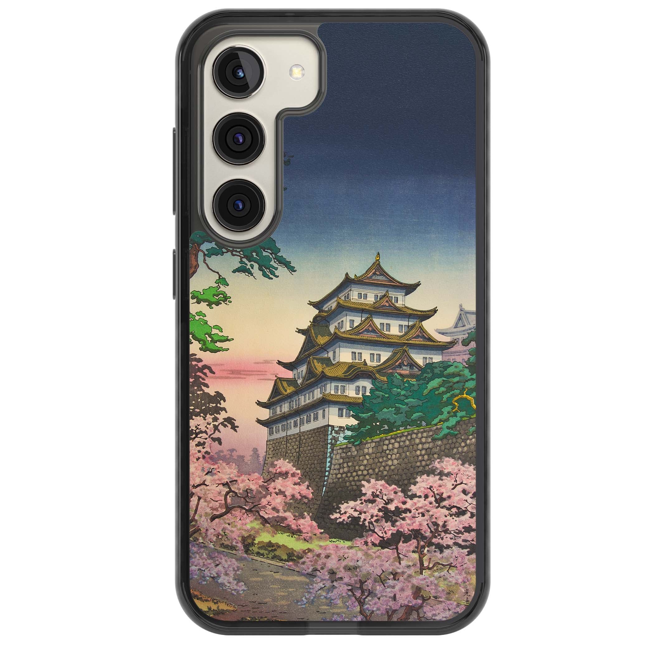 Nagoya Castle Japanese iPhone case featuring a vintage pagoda, twilight sky and cherry blossom trees | Black Impact case for Samsung Galaxy S24, Samsung Galaxy S23, Samsung Galaxy S22