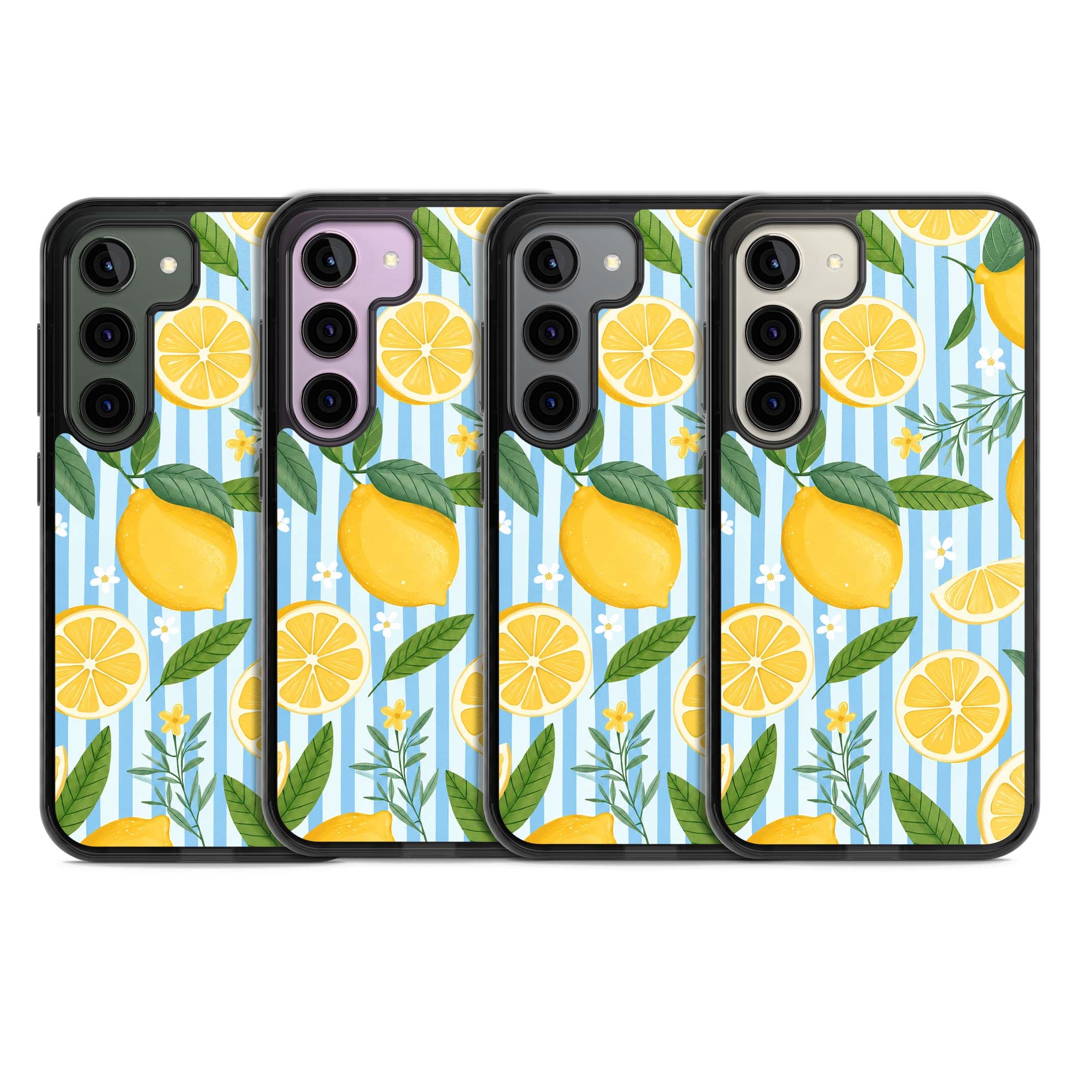 Capri Citrus Stripe coastal iPhone case featuring yellow lemons, blue stripes, and white daisy blossoms | Black Impact case for Samsung Galaxy S24, Samsung Galaxy S23, Samsung Galaxy S22