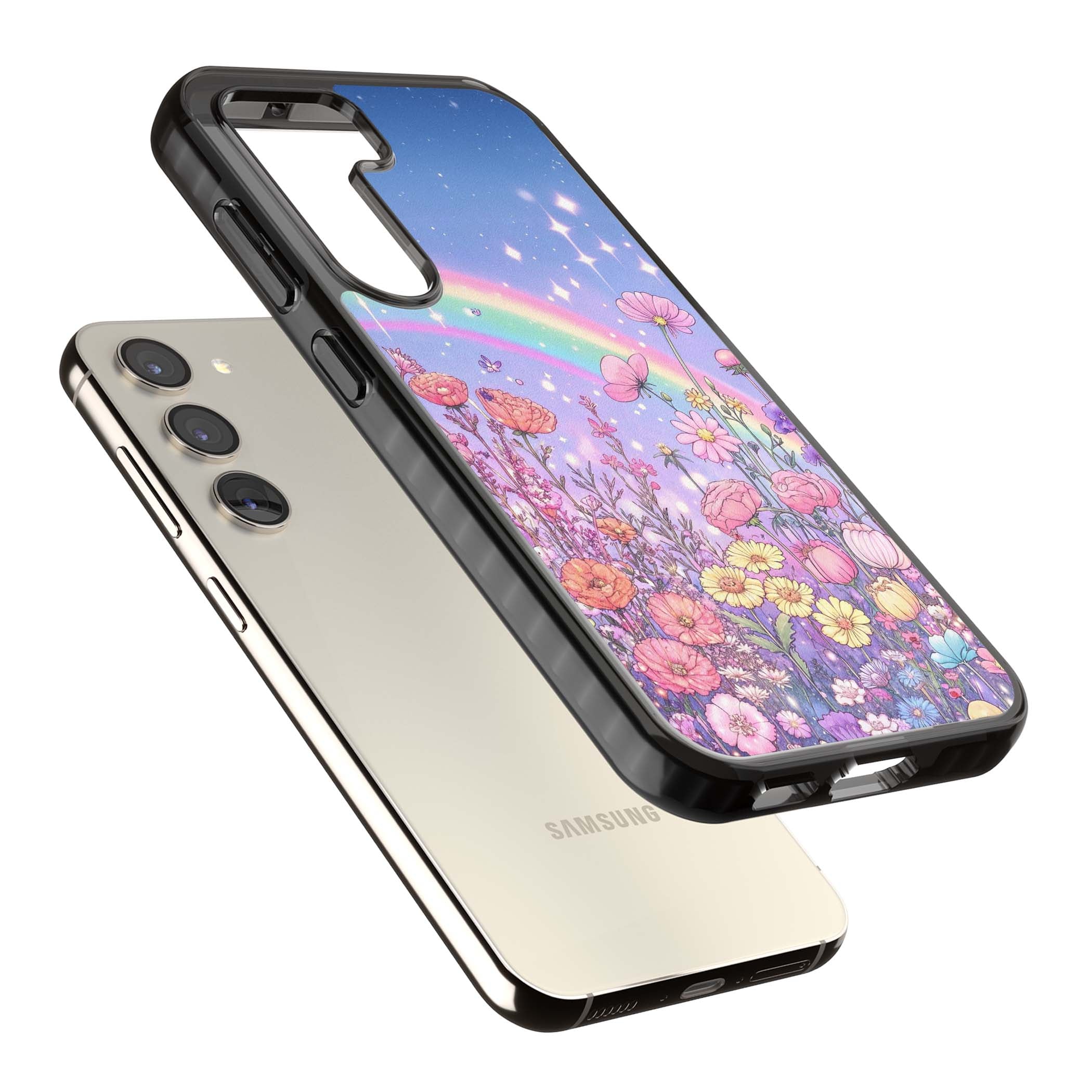 Magical Meadow fairycore iPhone case featuring a pastel rainbow, sparkling stars and a wildflower meadow | Black Impact case for Samsung Galaxy S24, Samsung Galaxy S23, Samsung Galaxy S22