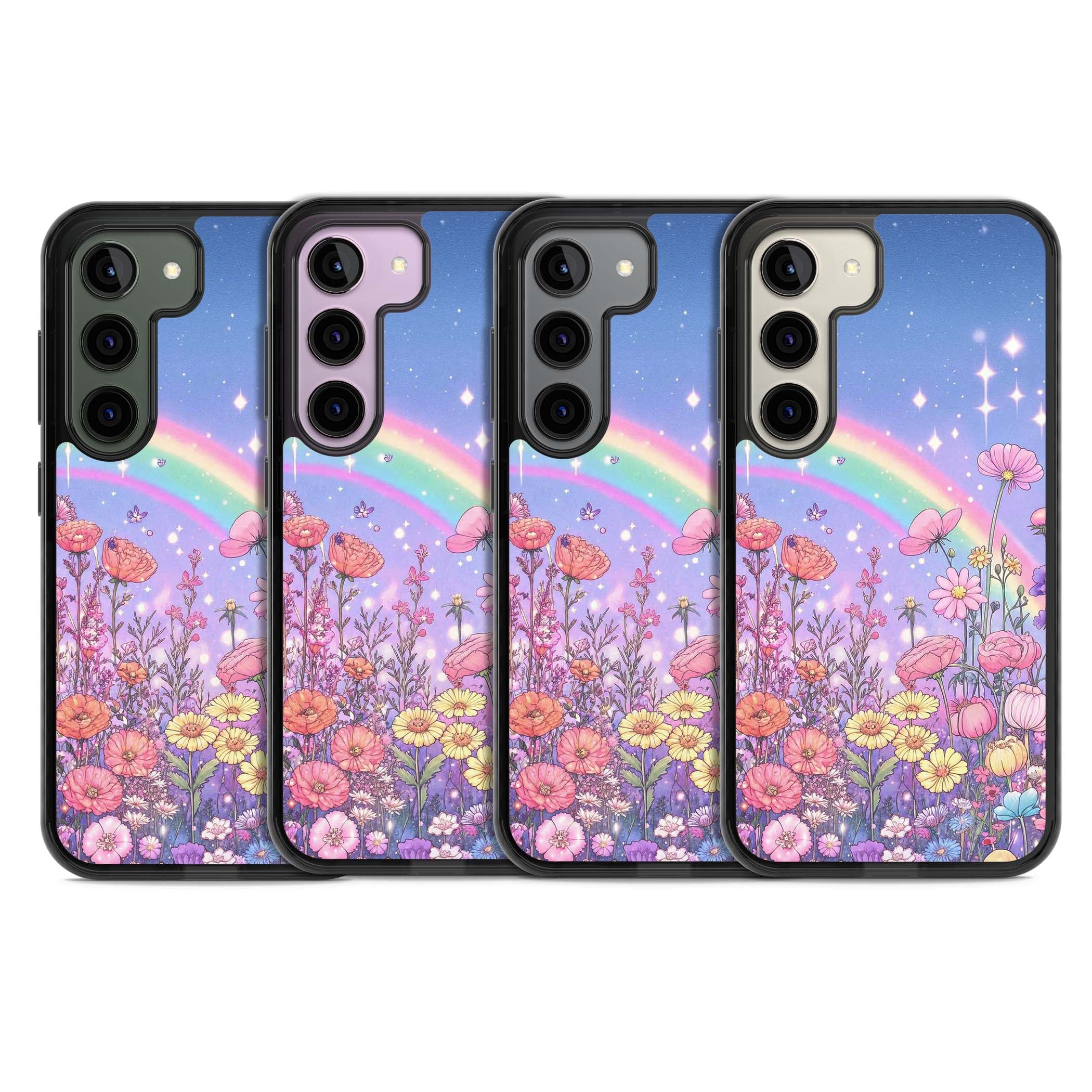 Magical Meadow fairycore iPhone case featuring a pastel rainbow, sparkling stars and a wildflower meadow | Black Impact case for Samsung Galaxy S24, Samsung Galaxy S23, Samsung Galaxy S22