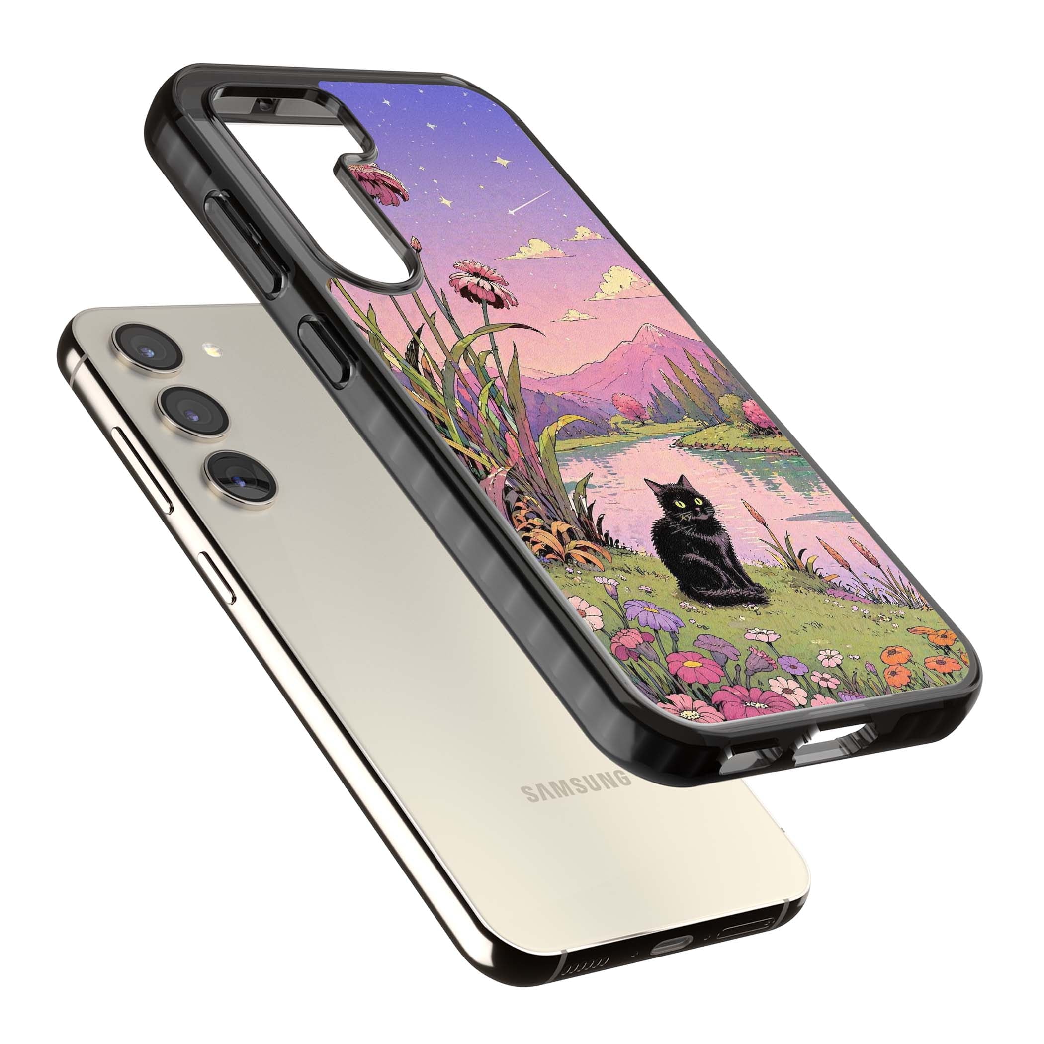 Mystic Whiskers ghibli iPhone case featuring a black cat by a pastel lake, wildflowers and a starry sunset sky | Black Impact case for Samsung Galaxy S24, Samsung Galaxy S23, Samsung Galaxy S22