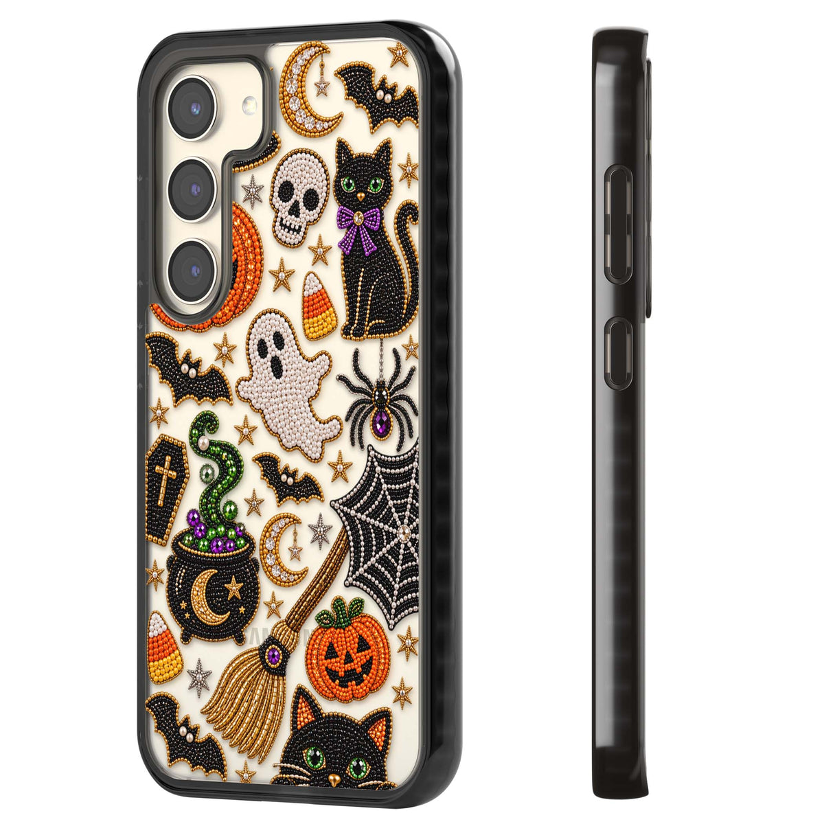 Beaded Halloween Halloween iPhone case featuring beaded pumpkins, ghosts, black cats and bats | Black Impact case for Samsung Galaxy S24, Samsung Galaxy S23, Samsung Galaxy S22