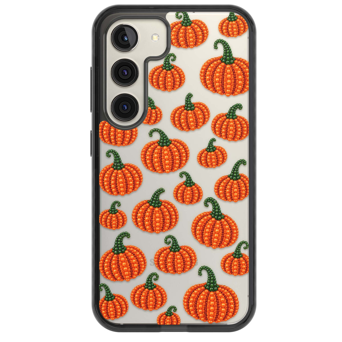 Beaded Pumpkins halloween iPhone case featuring beaded orange pumpkins with green stems on a clear background | Black Impact case for Samsung Galaxy S24, Samsung Galaxy S23, Samsung Galaxy S22