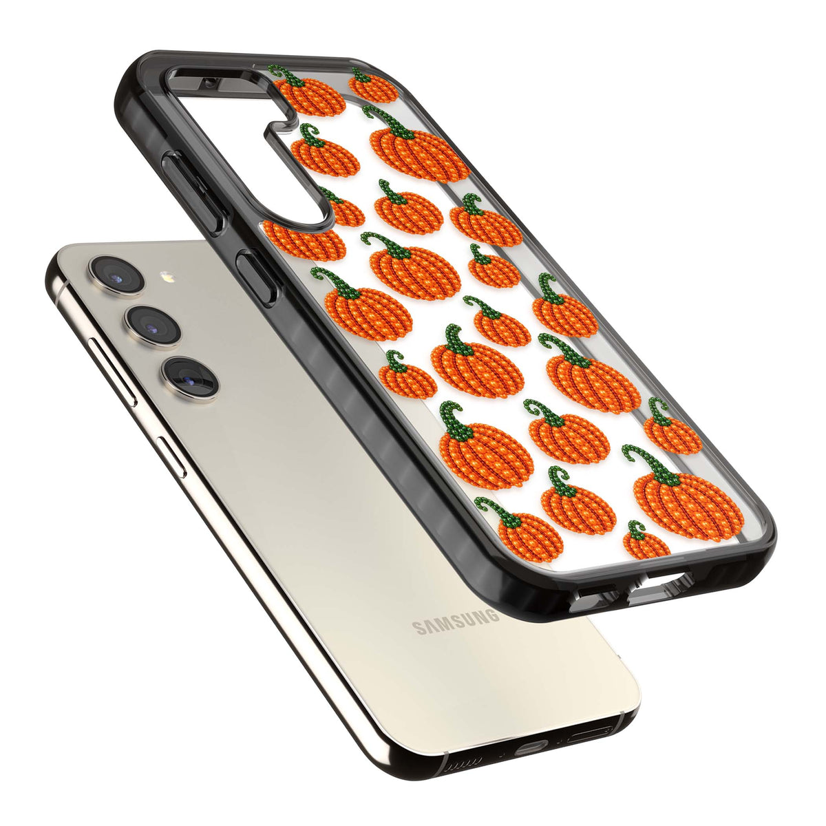 Beaded Pumpkins halloween iPhone case featuring beaded orange pumpkins with green stems on a clear background | Black Impact case for Samsung Galaxy S24, Samsung Galaxy S23, Samsung Galaxy S22