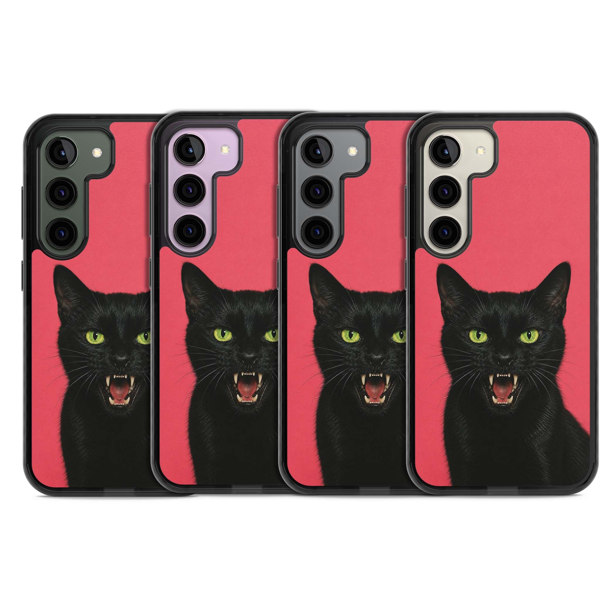Hissin' Baddie black cat iPhone case featuring a hissing feline with green eyes on a hot pink background | Black Impact case for Samsung Galaxy S24, Samsung Galaxy S23, Samsung Galaxy S22