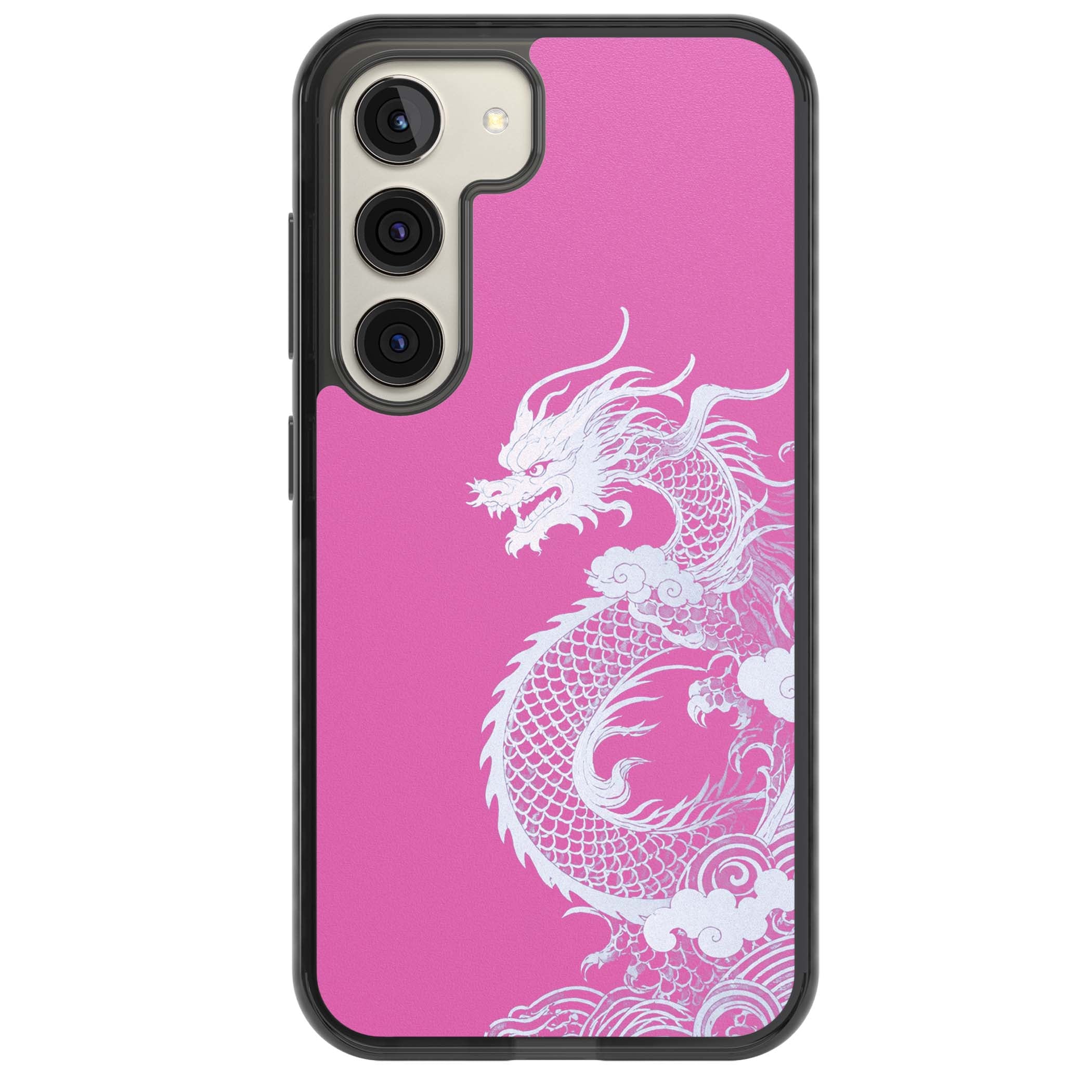 Pink Empress chinese dragon iPhone case featuring a white dragon, swirling clouds and pink dragon wallpaper backdrop | Black Impact case for Samsung Galaxy S24, Samsung Galaxy S23, Samsung Galaxy S22