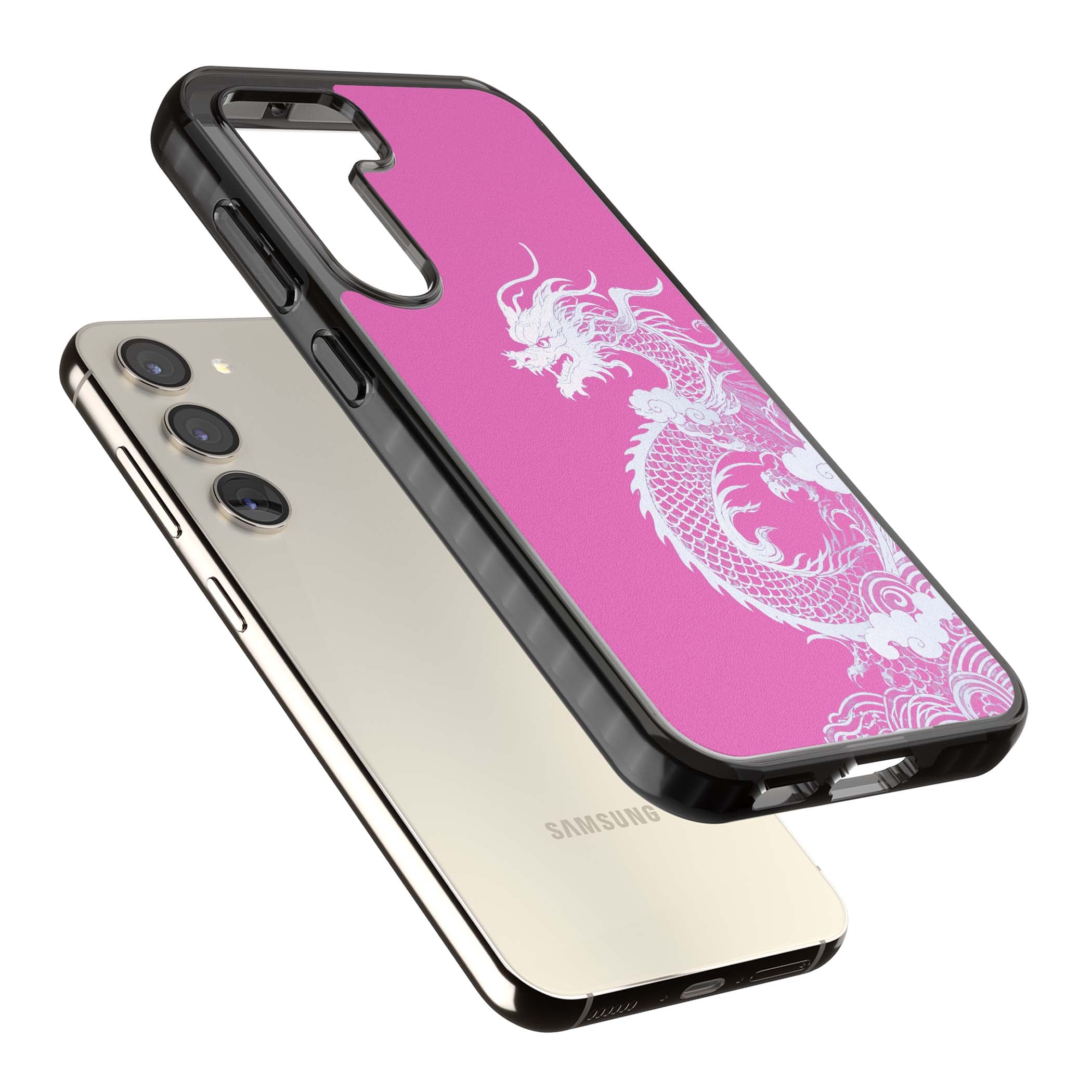 Pink Empress chinese dragon iPhone case featuring a white dragon, swirling clouds and pink dragon wallpaper backdrop | Black Impact case for Samsung Galaxy S24, Samsung Galaxy S23, Samsung Galaxy S22