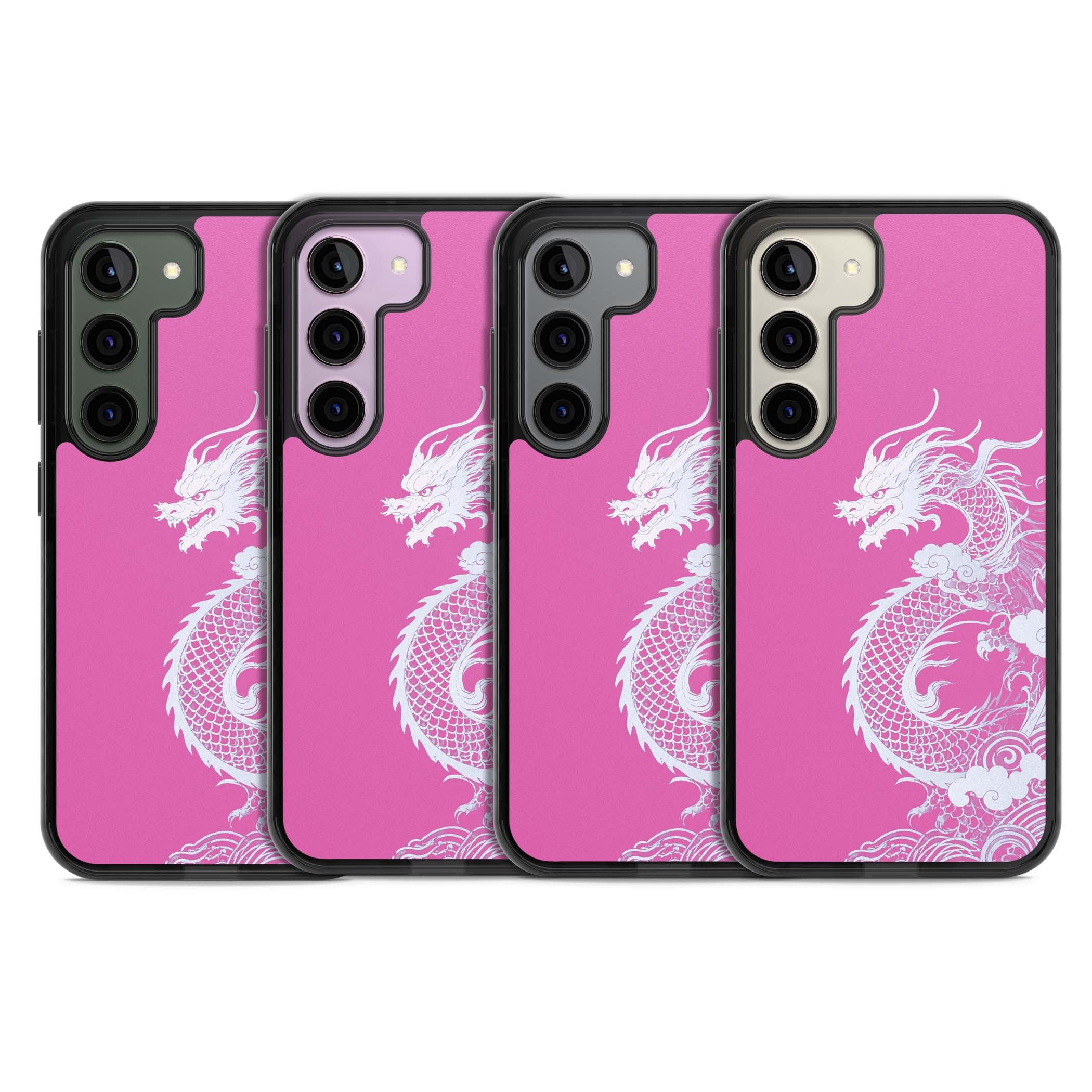 Pink Empress chinese dragon iPhone case featuring a white dragon, swirling clouds and pink dragon wallpaper backdrop | Black Impact case for Samsung Galaxy S24, Samsung Galaxy S23, Samsung Galaxy S22