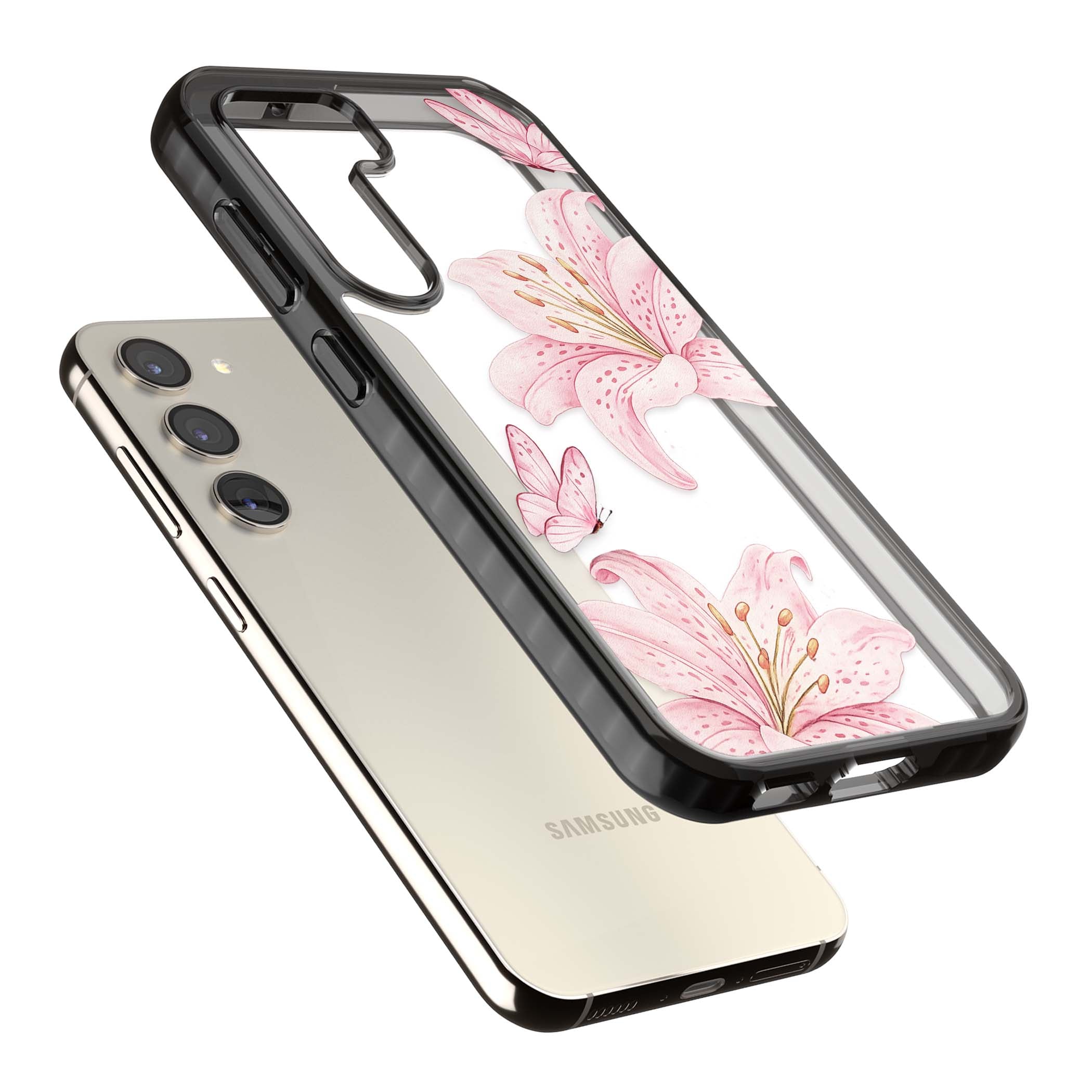 Lily Whisper floral iPhone case featuring pink watercolour lilies and delicate butterflies on a clear background | Black Impact case for Samsung Galaxy S24, Samsung Galaxy S23, Samsung Galaxy S22
