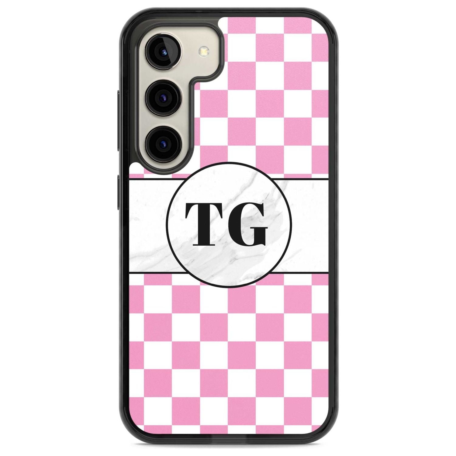 Personalised Monogrammed Pink Check Phone Case Samsung S22 / Black Impact Case,Samsung S23 / Black Impact Case Blanc Space