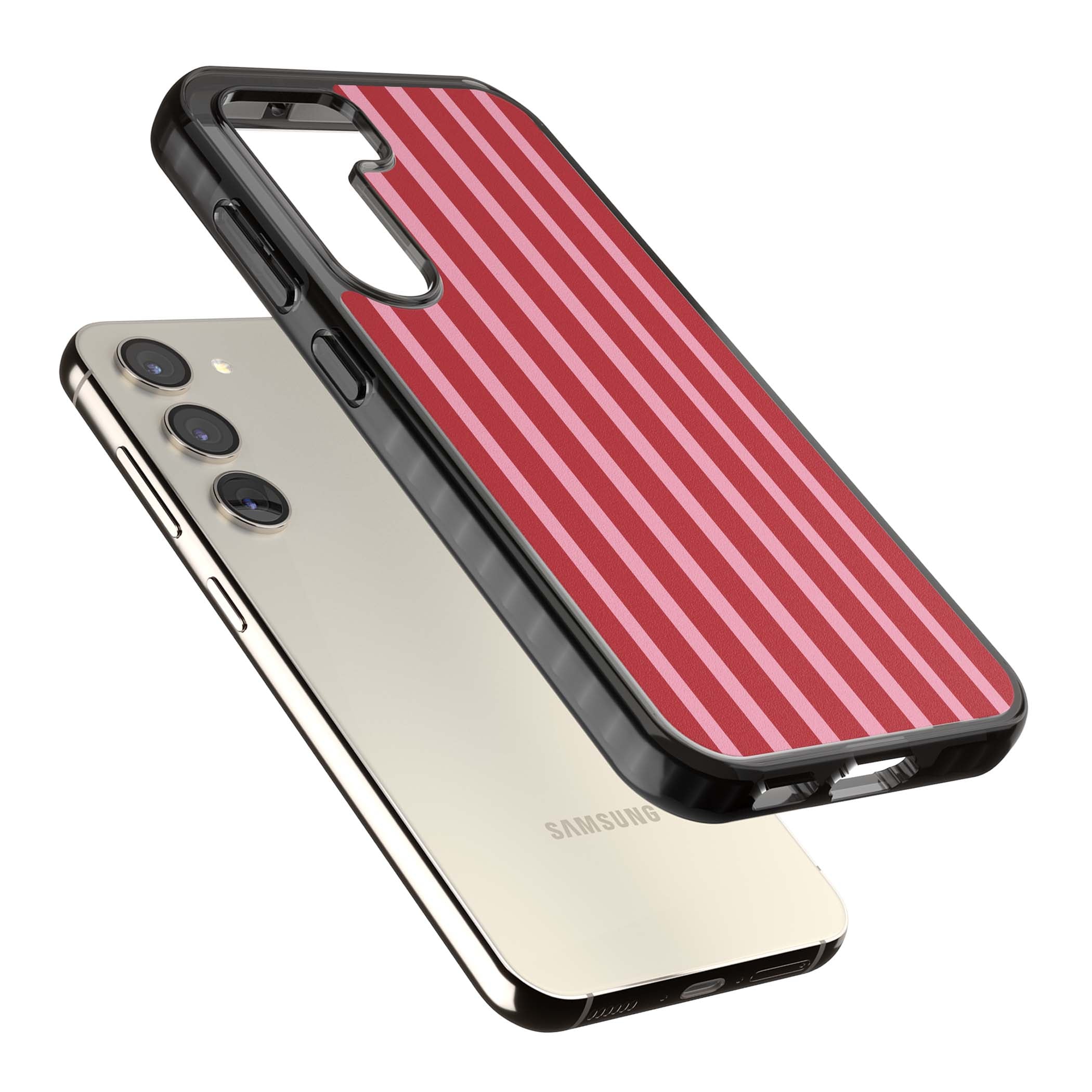 Raspberry Stripe coquette iPhone case featuring red and pink vertical stripes in a candy-inspired pattern | Black Impact case for Samsung Galaxy S24, Samsung Galaxy S23, Samsung Galaxy S22