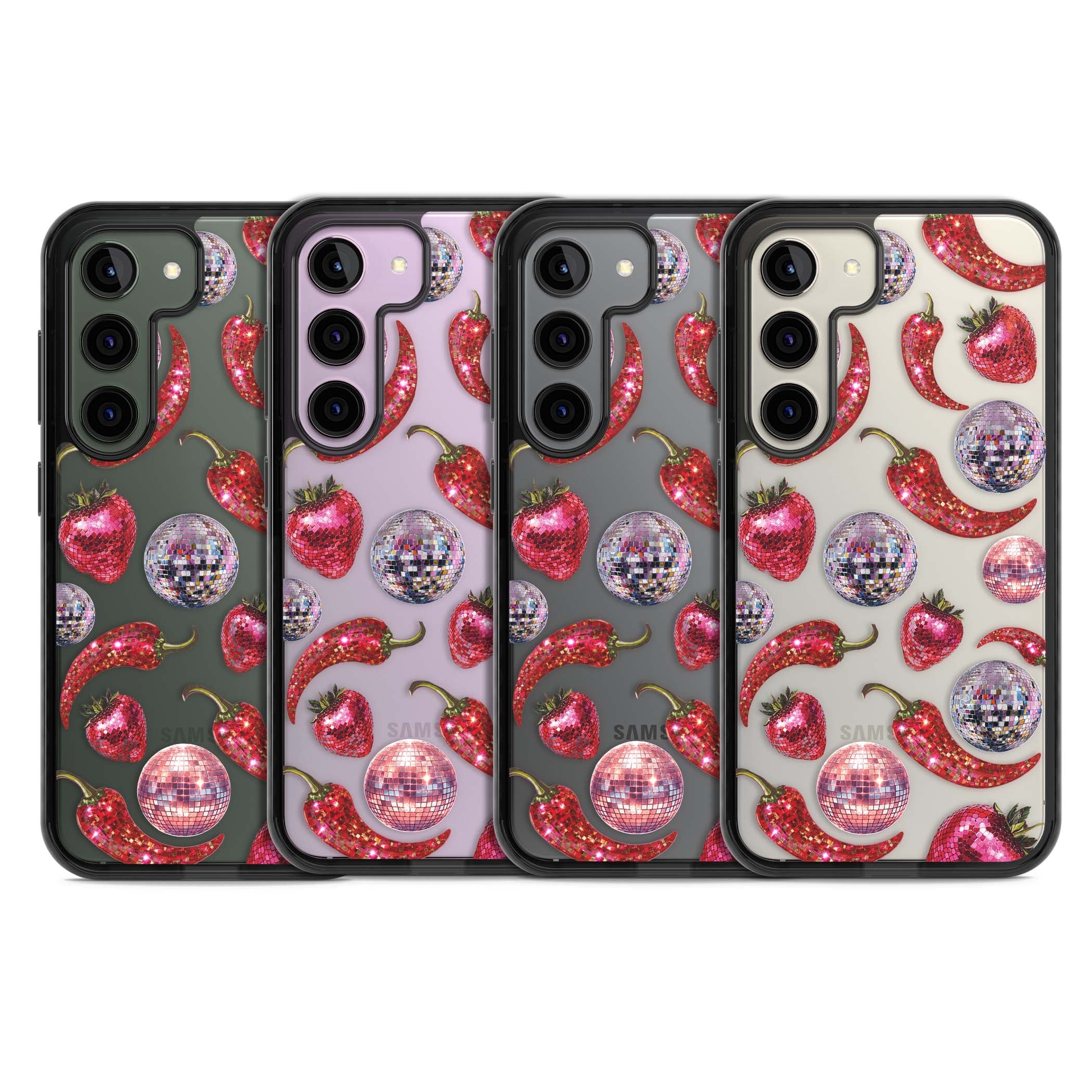 Spicy Disco Y2K iPhone case featuring glitter disco balls, sparkly strawberries and red chilli peppers | Black Impact case for Samsung Galaxy S24, Samsung Galaxy S23, Samsung Galaxy S22