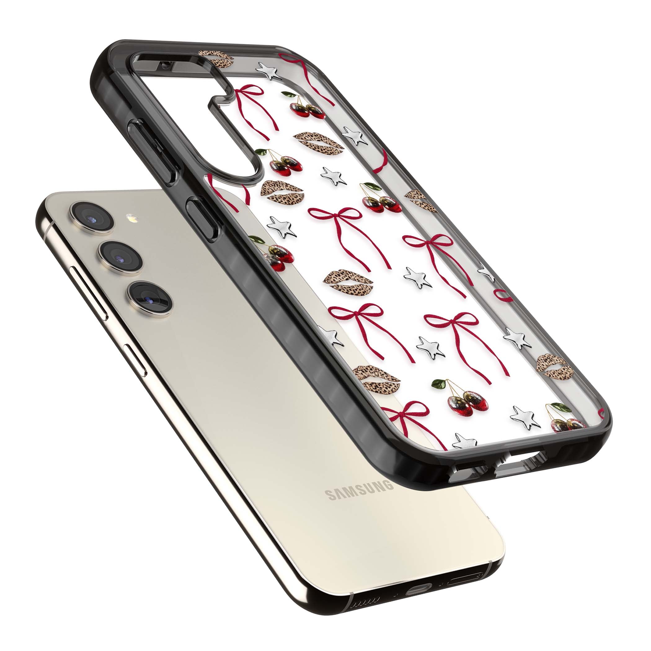 Starlet coquette iPhone case featuring red ribbon bows, disco cherries and leopard-print lips | Black Impact case for Samsung Galaxy S24, Samsung Galaxy S23, Samsung Galaxy S22