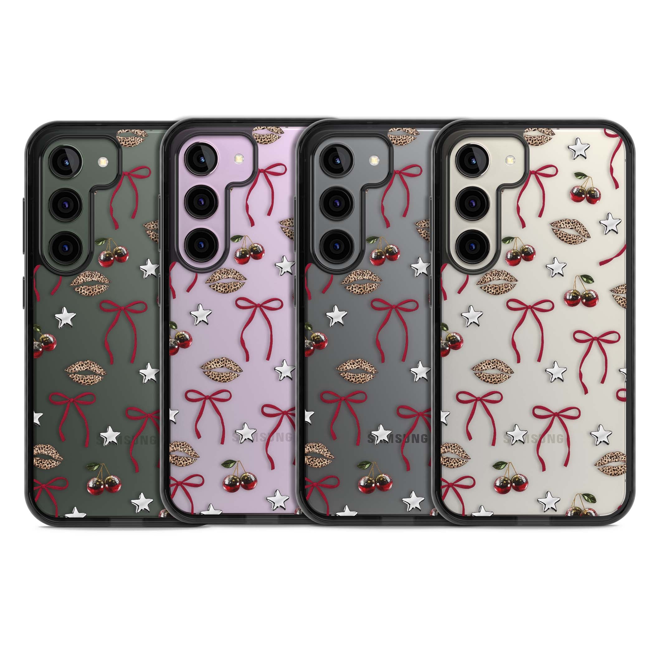 Starlet coquette iPhone case featuring red ribbon bows, disco cherries and leopard-print lips | Black Impact case for Samsung Galaxy S24, Samsung Galaxy S23, Samsung Galaxy S22