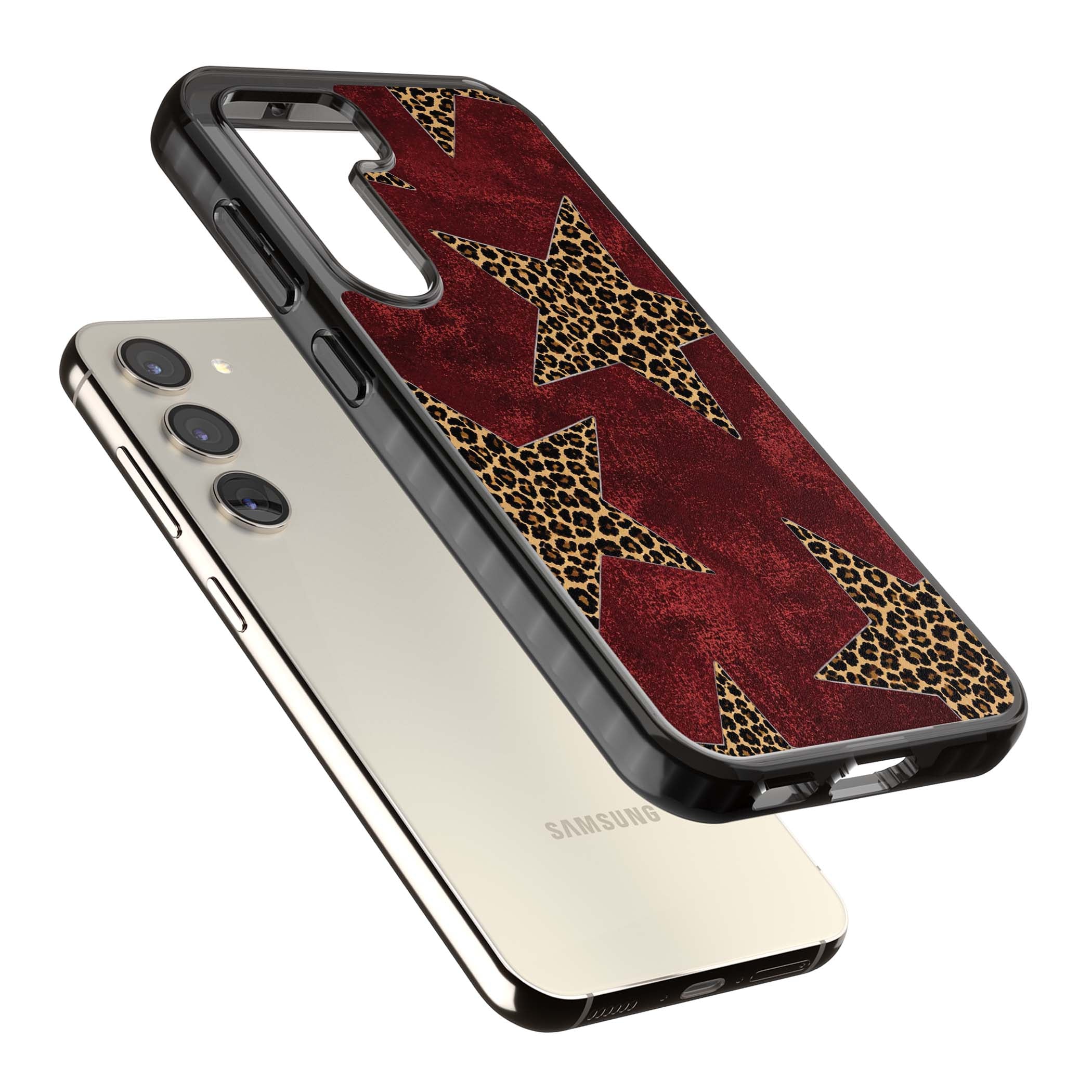 Showgirl leopard print iPhone case featuring cheetah print stars on distressed red grunge background | Black Impact case for Samsung Galaxy S24, Samsung Galaxy S23, Samsung Galaxy S22