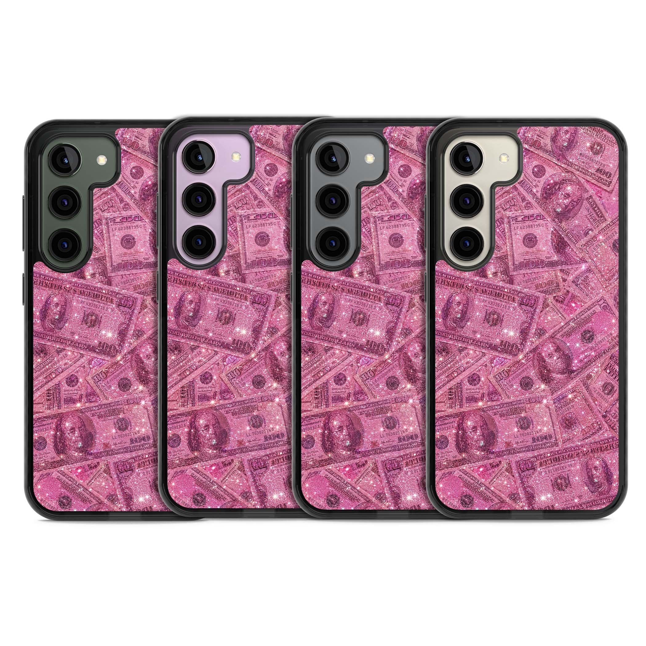 Glamorous baddie iPhone case featuring pink glitter hundred dollar bills and sparkling money wallpaper design | Black Impact case for Samsung Galaxy S24, Samsung Galaxy S23, Samsung Galaxy S22