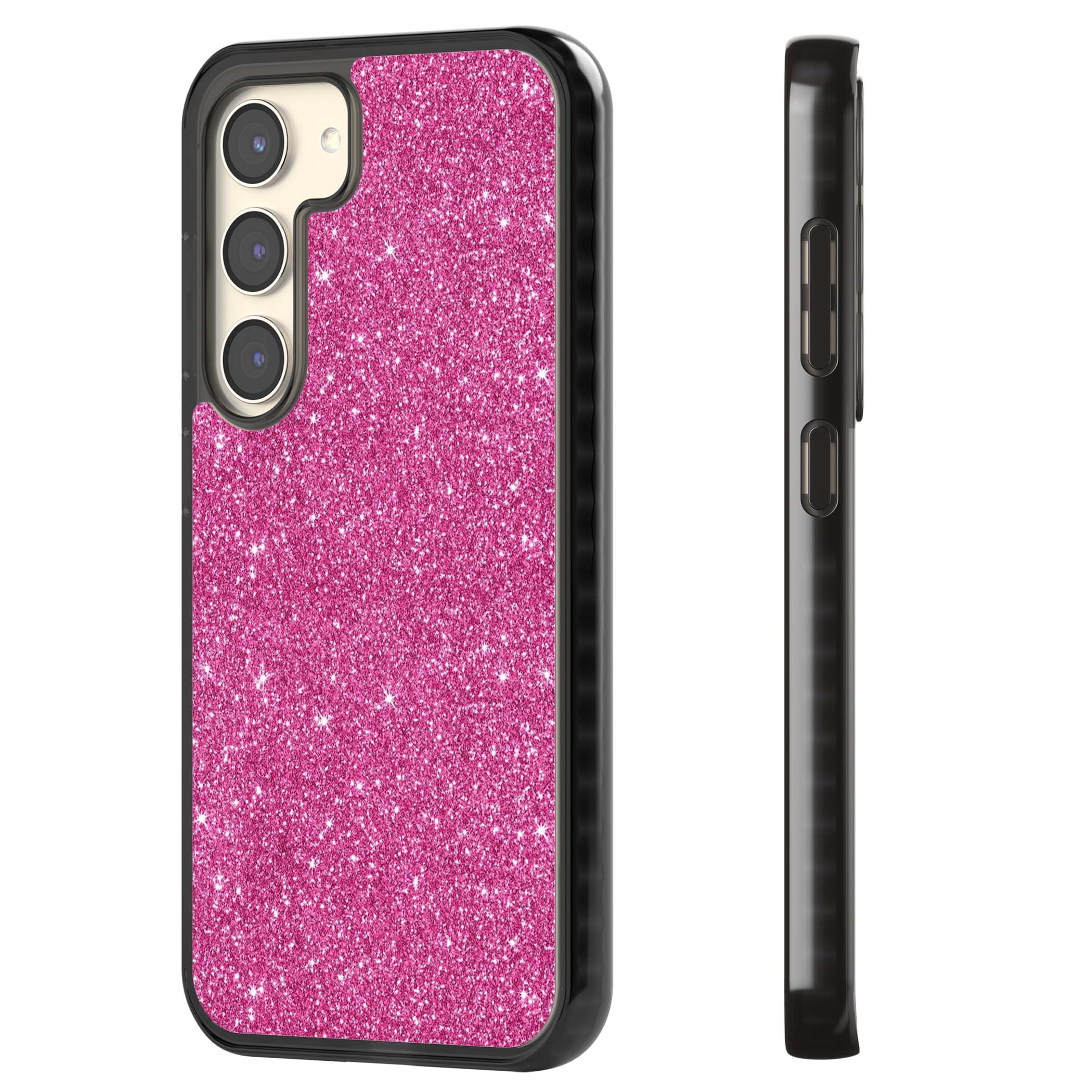 Pink Glitter Y2K iPhone case featuring hot pink glitter wallpaper with sparkle shimmer effect | Black Impact case for Samsung Galaxy S24, Samsung Galaxy S23, Samsung Galaxy S22