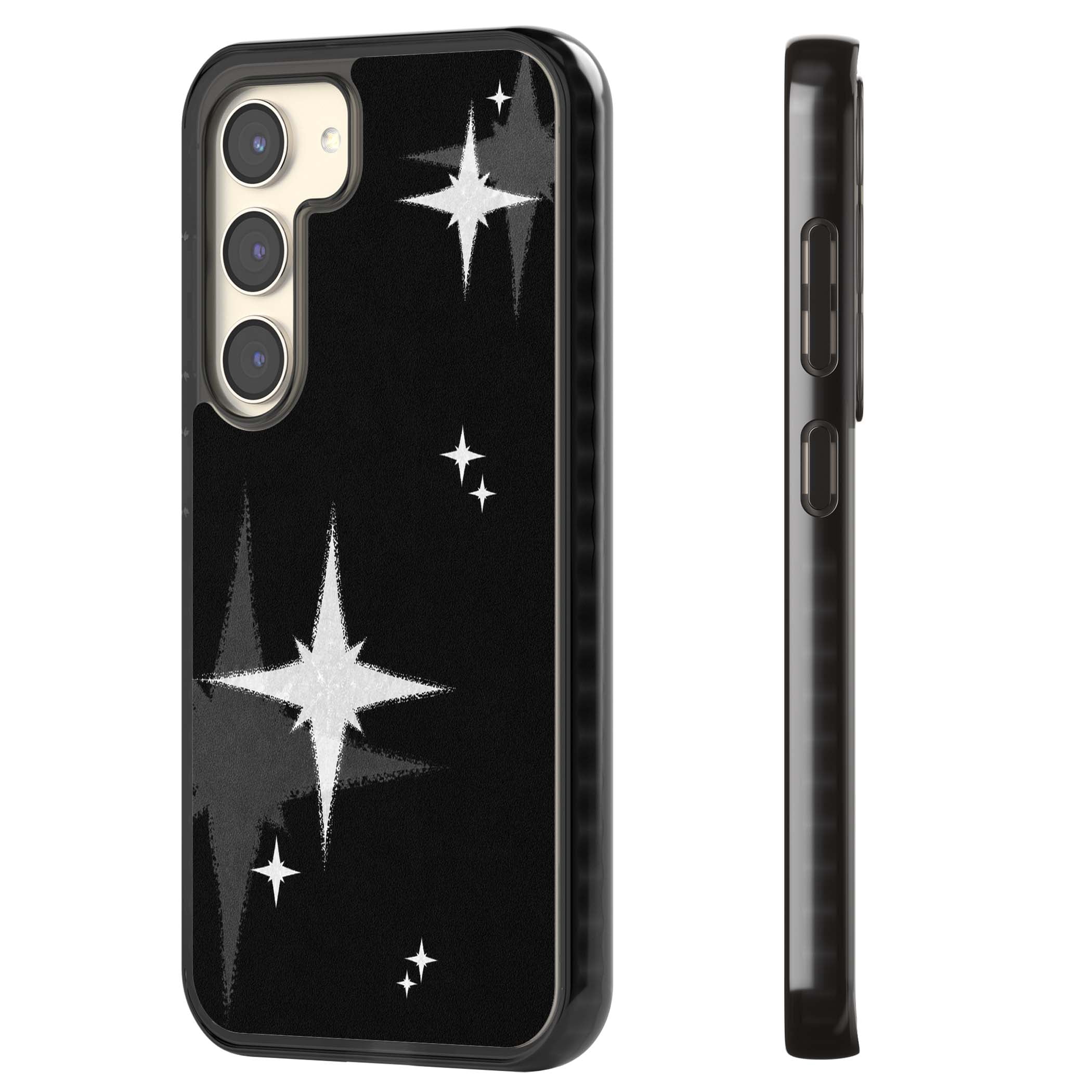 Black Sparkle celestial iPhone case featuring white sparkle stars on a black night sky background | Black Impact case for Samsung Galaxy S24, Samsung Galaxy S23, Samsung Galaxy S22