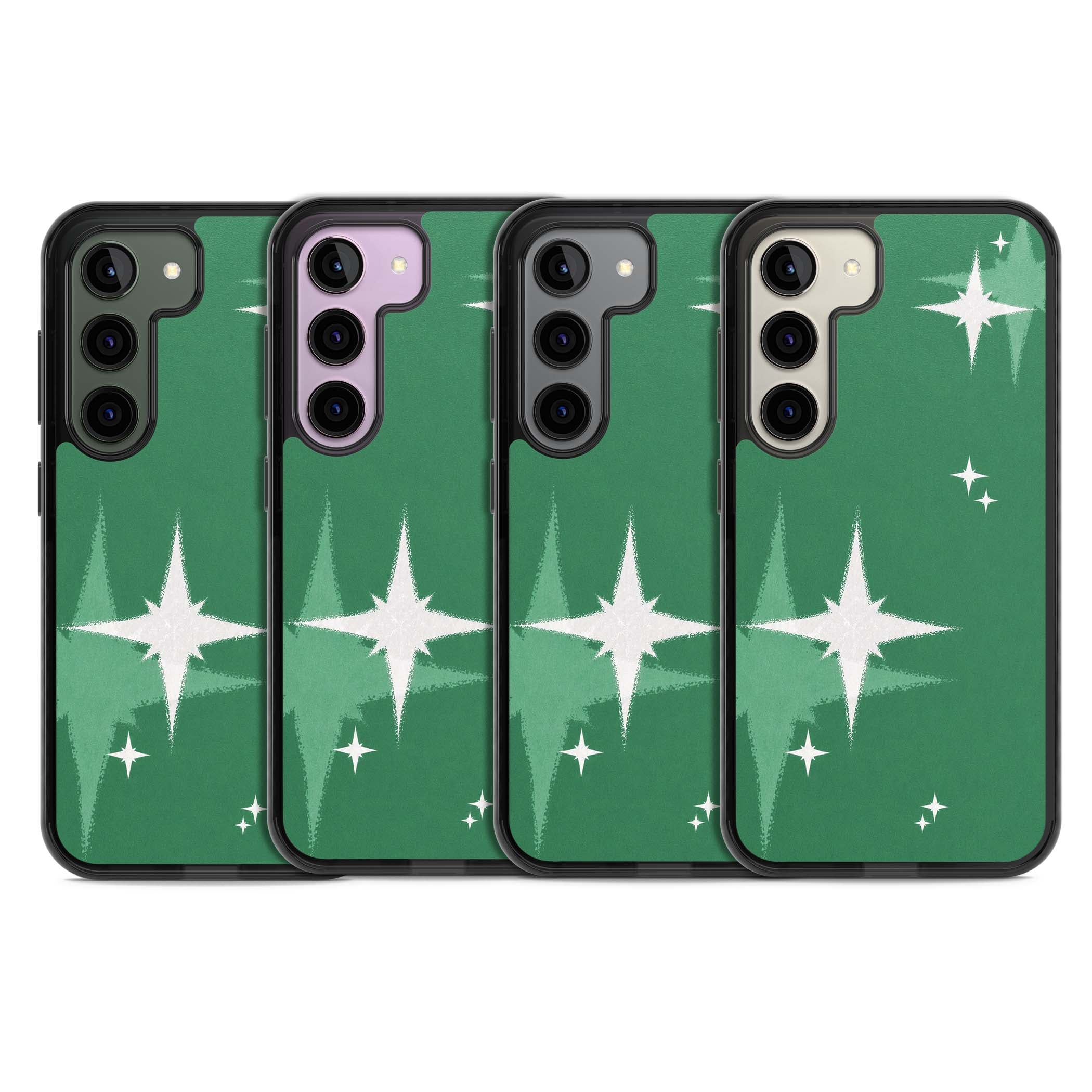 Green Sparkle celestial iPhone case featuring sparkling white four-point stars on a deep green background | Black Impact case for Samsung Galaxy S24, Samsung Galaxy S23, Samsung Galaxy S22