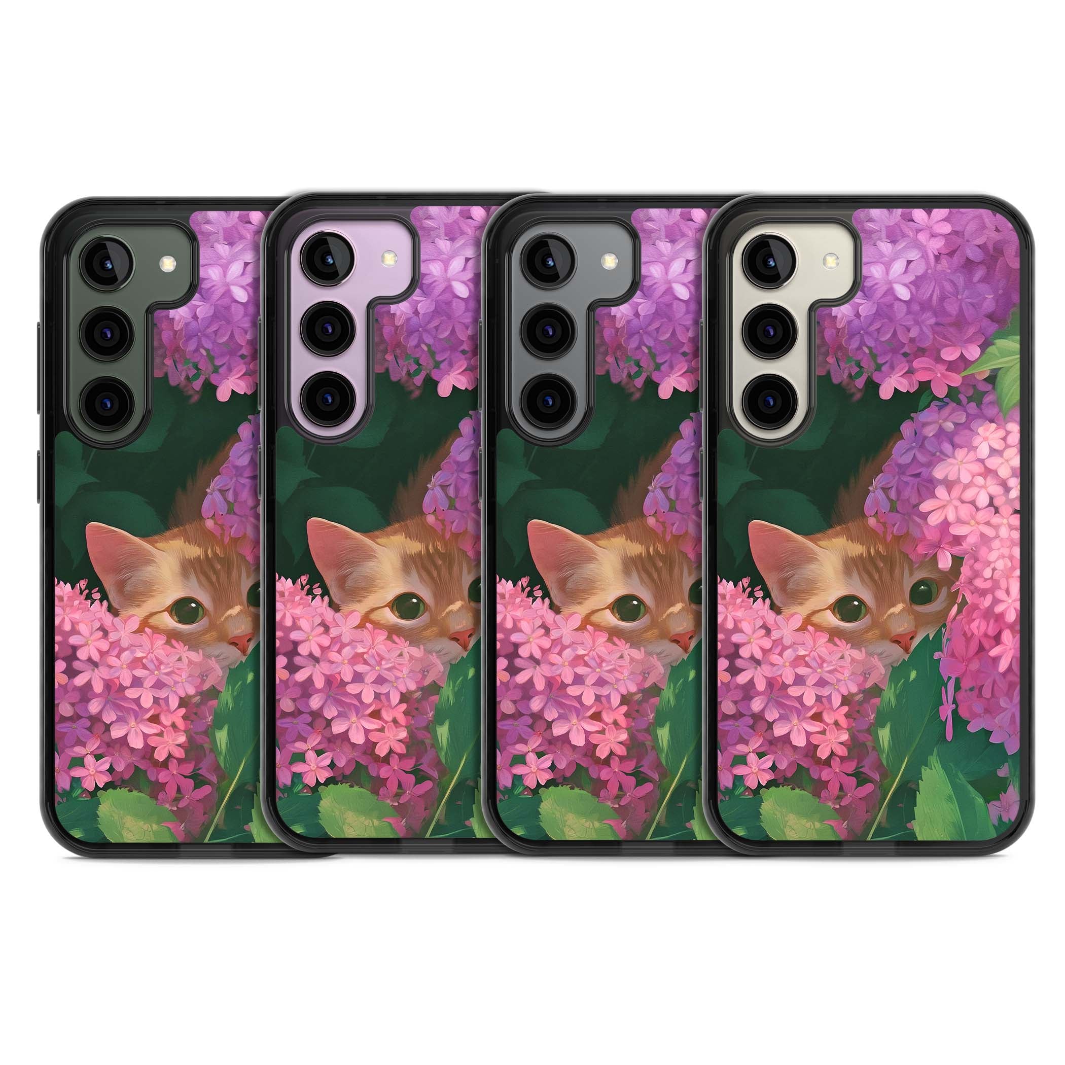Cat In Pink Flowers cottagecore iPhone case featuring a ginger kitten peeking through lilac and pink hydrangea flo | Black Impact case for Samsung Galaxy S24, Samsung Galaxy S23, Samsung Galaxy S22