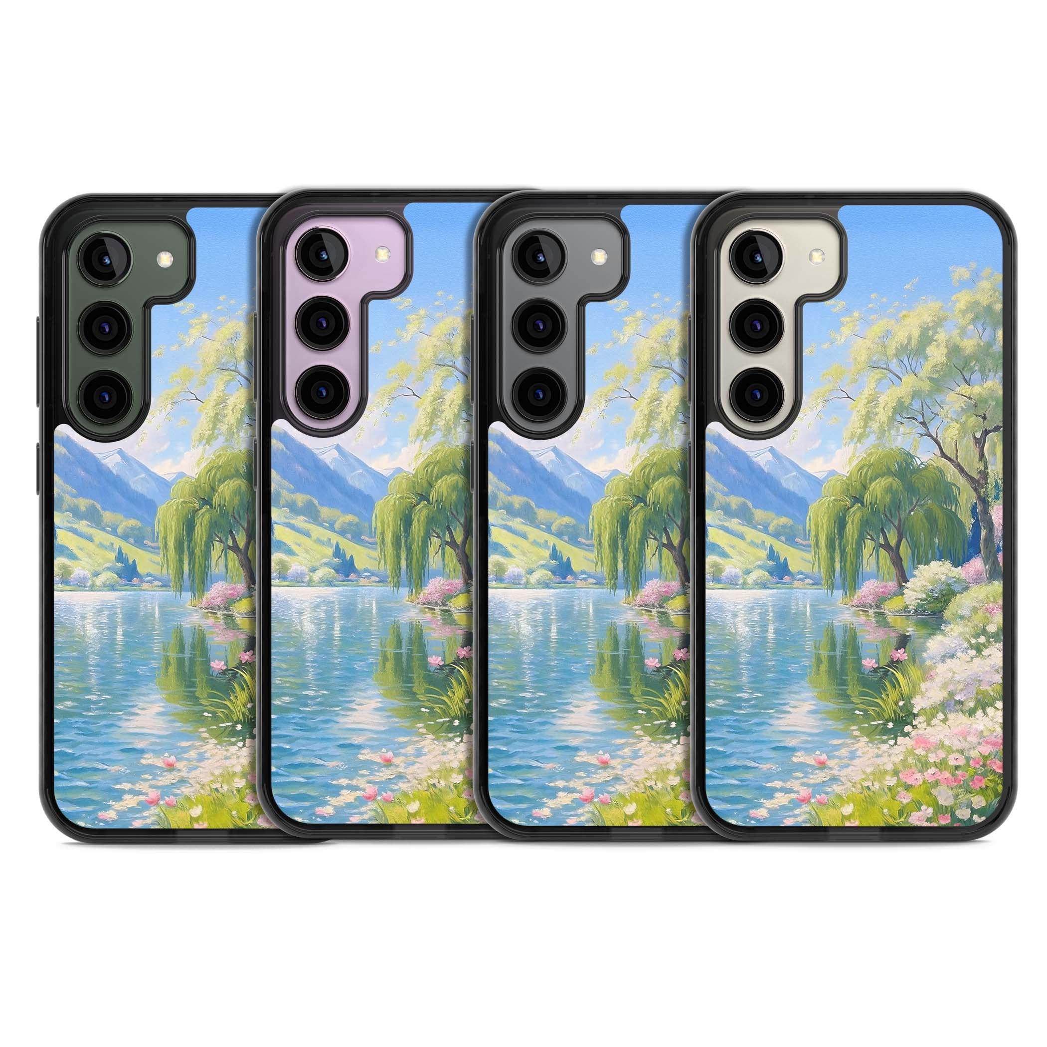 Willow Lake cottagecore iPhone case featuring a painted lakeside with weeping willow, blossoms and distant mountains | Black Impact case for Samsung Galaxy S24, Samsung Galaxy S23, Samsung Galaxy S22