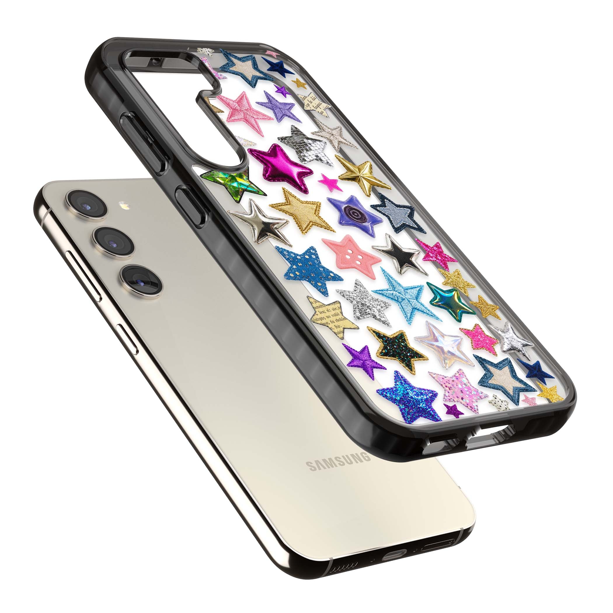 Crafty Star Mix Y2K iPhone case featuring embroidered, sequinned and glitter star patches in rainbow colours | Black Impact case for Samsung Galaxy S24, Samsung Galaxy S23, Samsung Galaxy S22