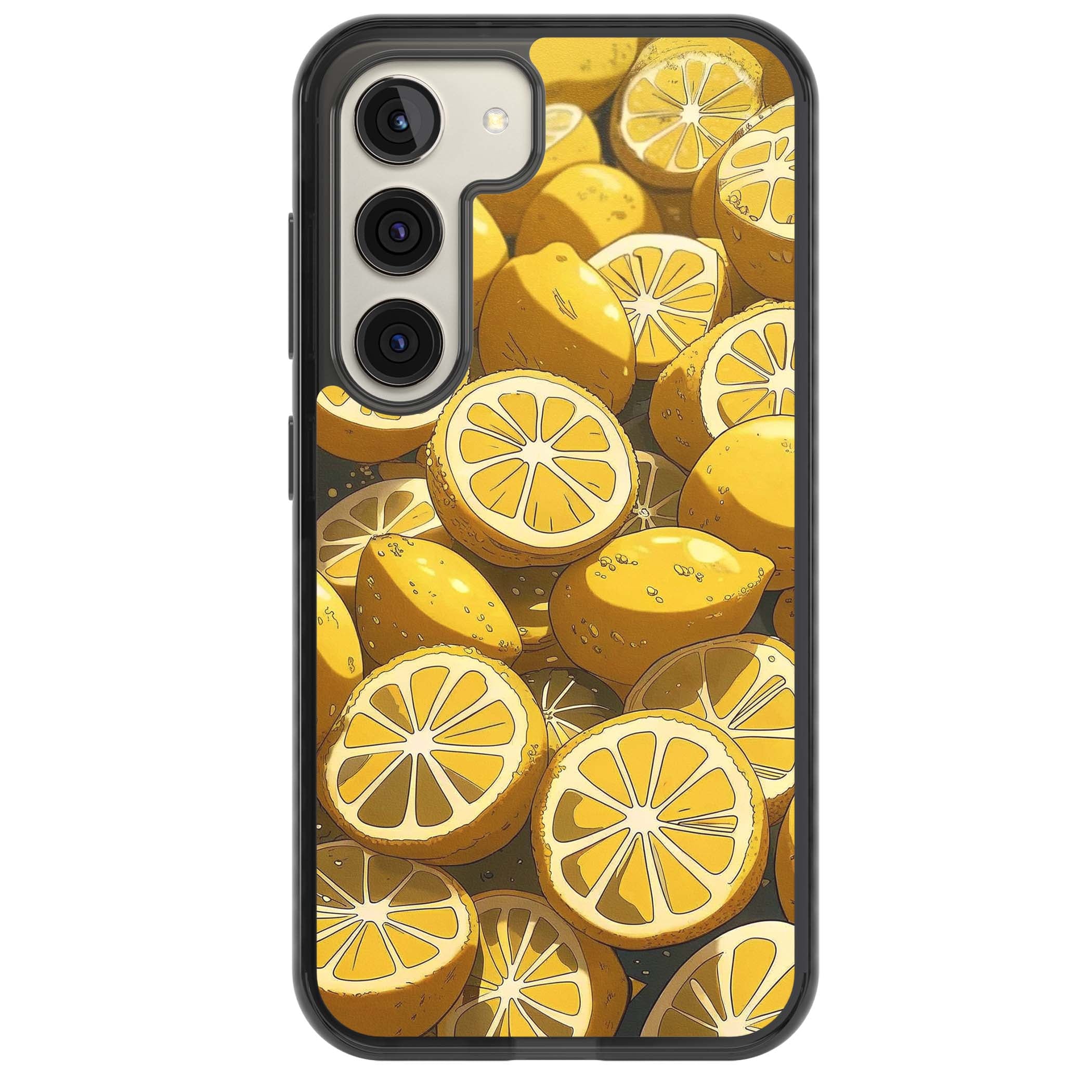 Zesty coastal iPhone case featuring illustrated Mediterranean lemons and citrus slices in golden yellow | Black Impact case for Samsung Galaxy S24, Samsung Galaxy S23, Samsung Galaxy S22