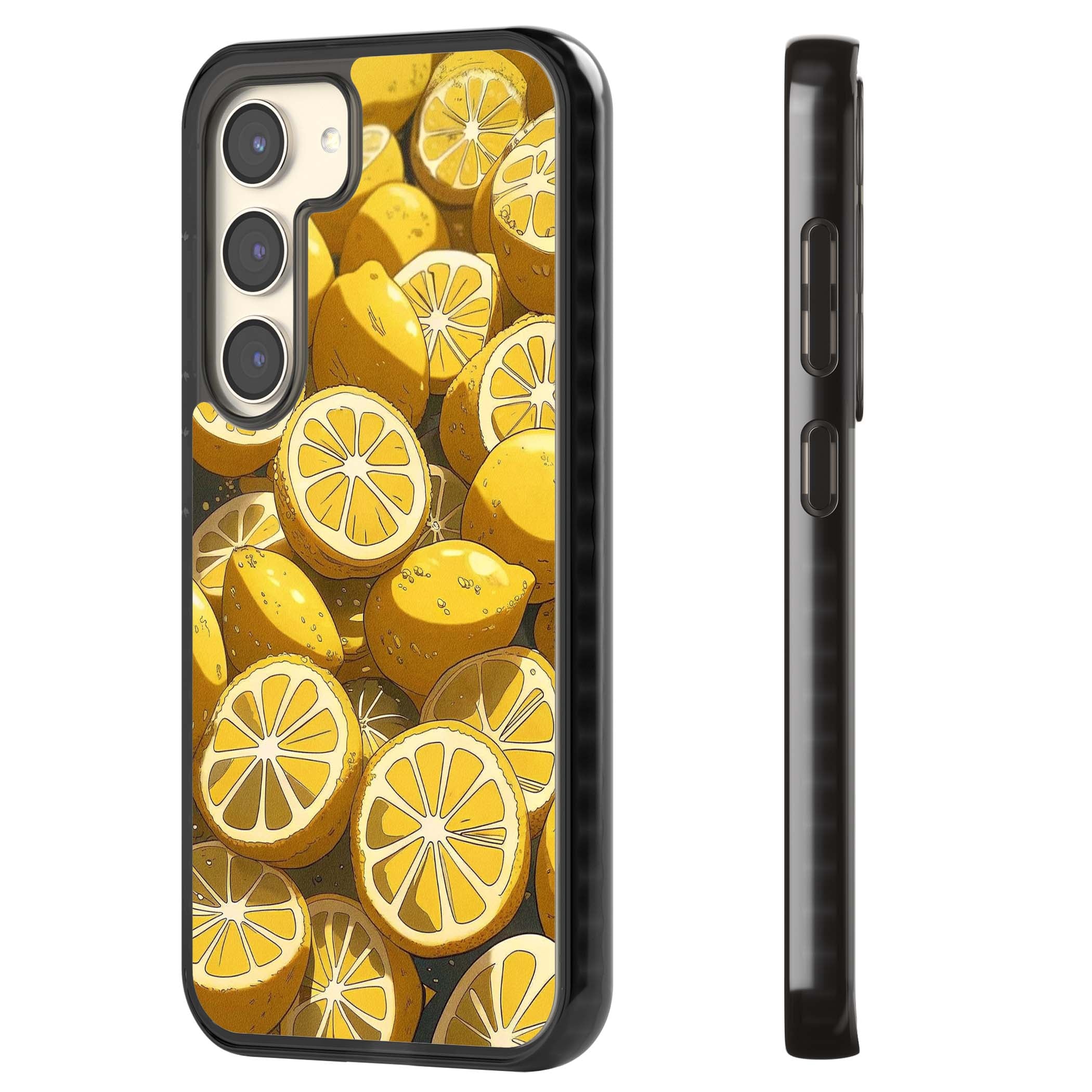 Zesty coastal iPhone case featuring illustrated Mediterranean lemons and citrus slices in golden yellow | Black Impact case for Samsung Galaxy S24, Samsung Galaxy S23, Samsung Galaxy S22
