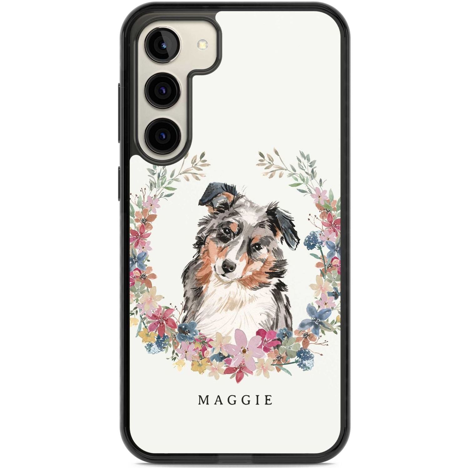 Personalised Australian Shepherd Watercolour Dog Portrait Custom Phone Case Samsung S22 Plus / Black Impact Case,Samsung S23 Plus / Black Impact Case Blanc Space