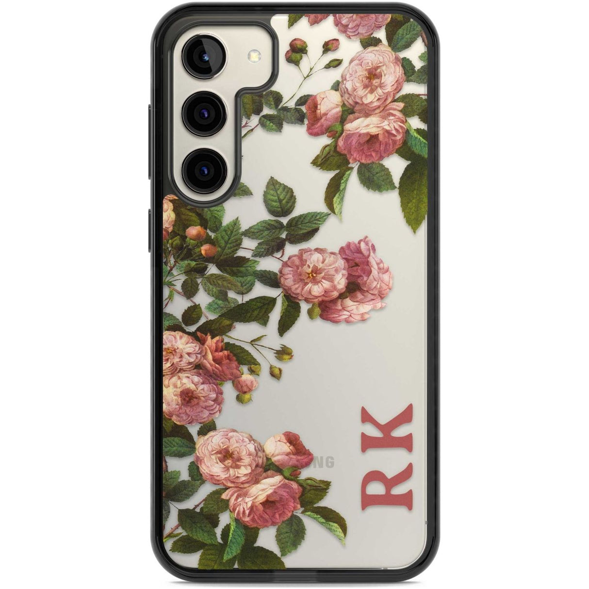 Personalised Clear Vintage Floral Pink Garden Roses Custom Phone Case Samsung S22 Plus / Black Impact Case,Samsung S23 Plus / Black Impact Case Blanc Space